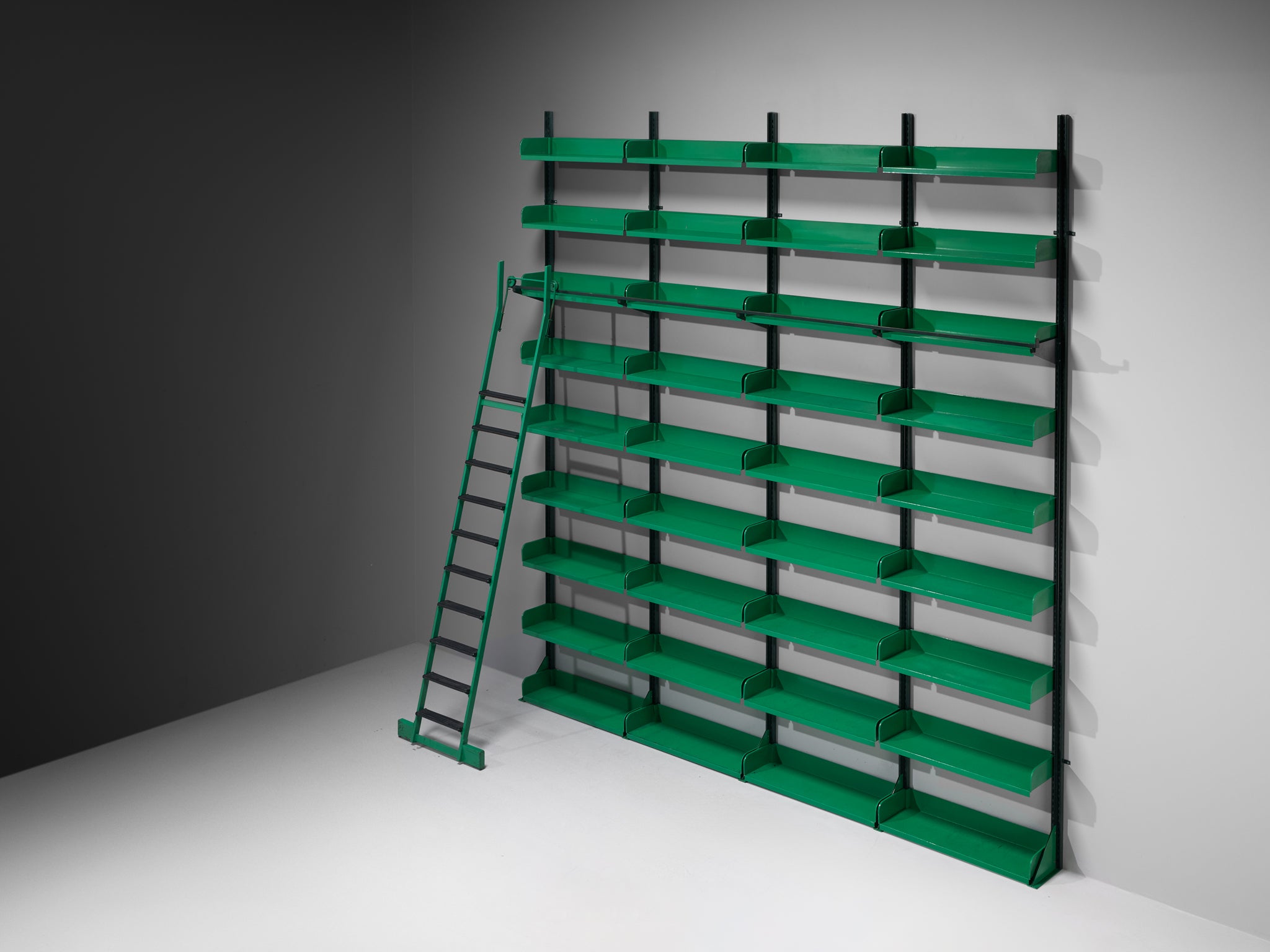 Large Italian Library with Integrated Staircase in Green Lacquered Steel Case pieces and storage cabinets Morentz