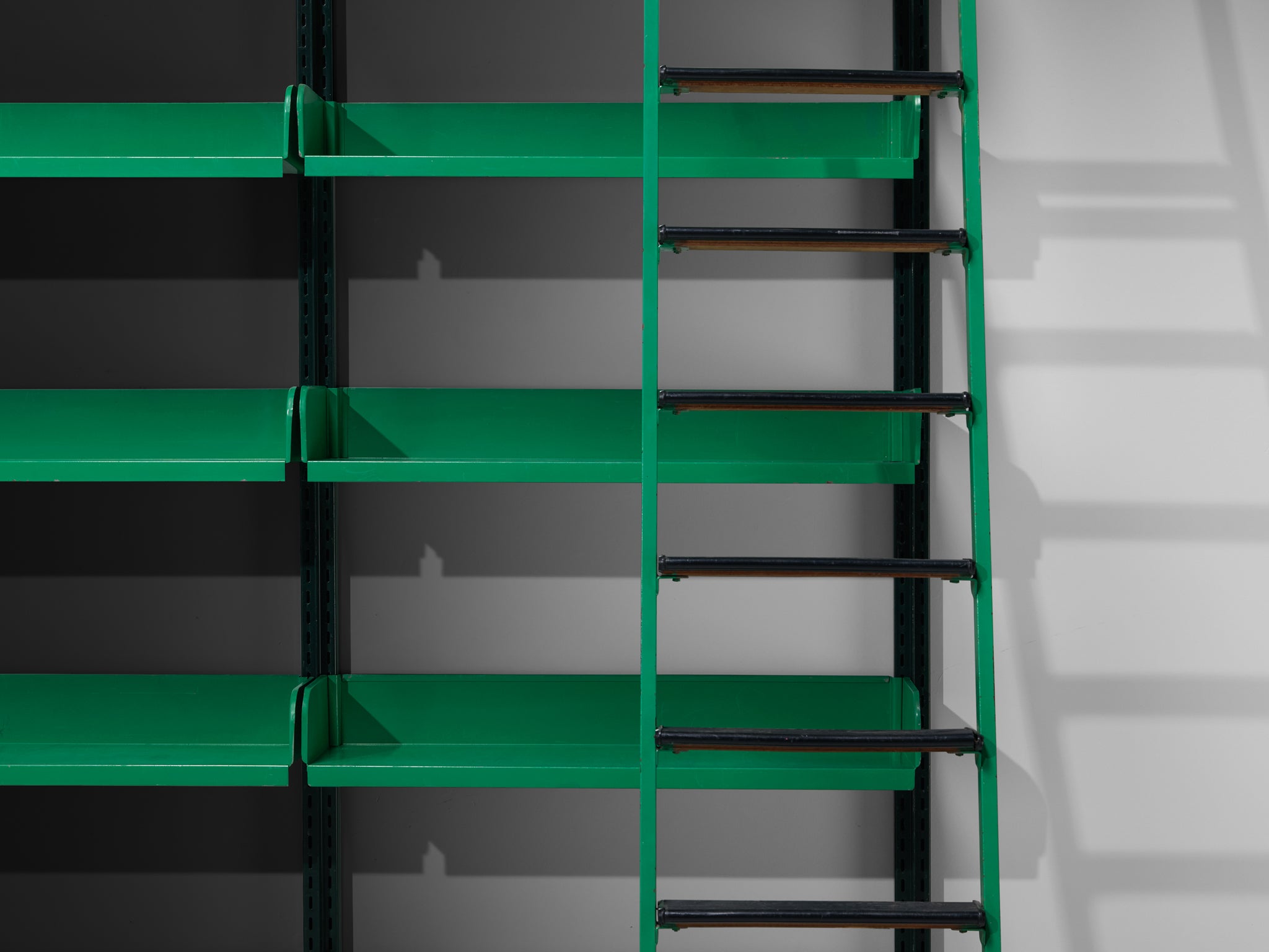 Large Italian Library with Integrated Staircase in Green Lacquered Steel Case pieces and storage cabinets Morentz