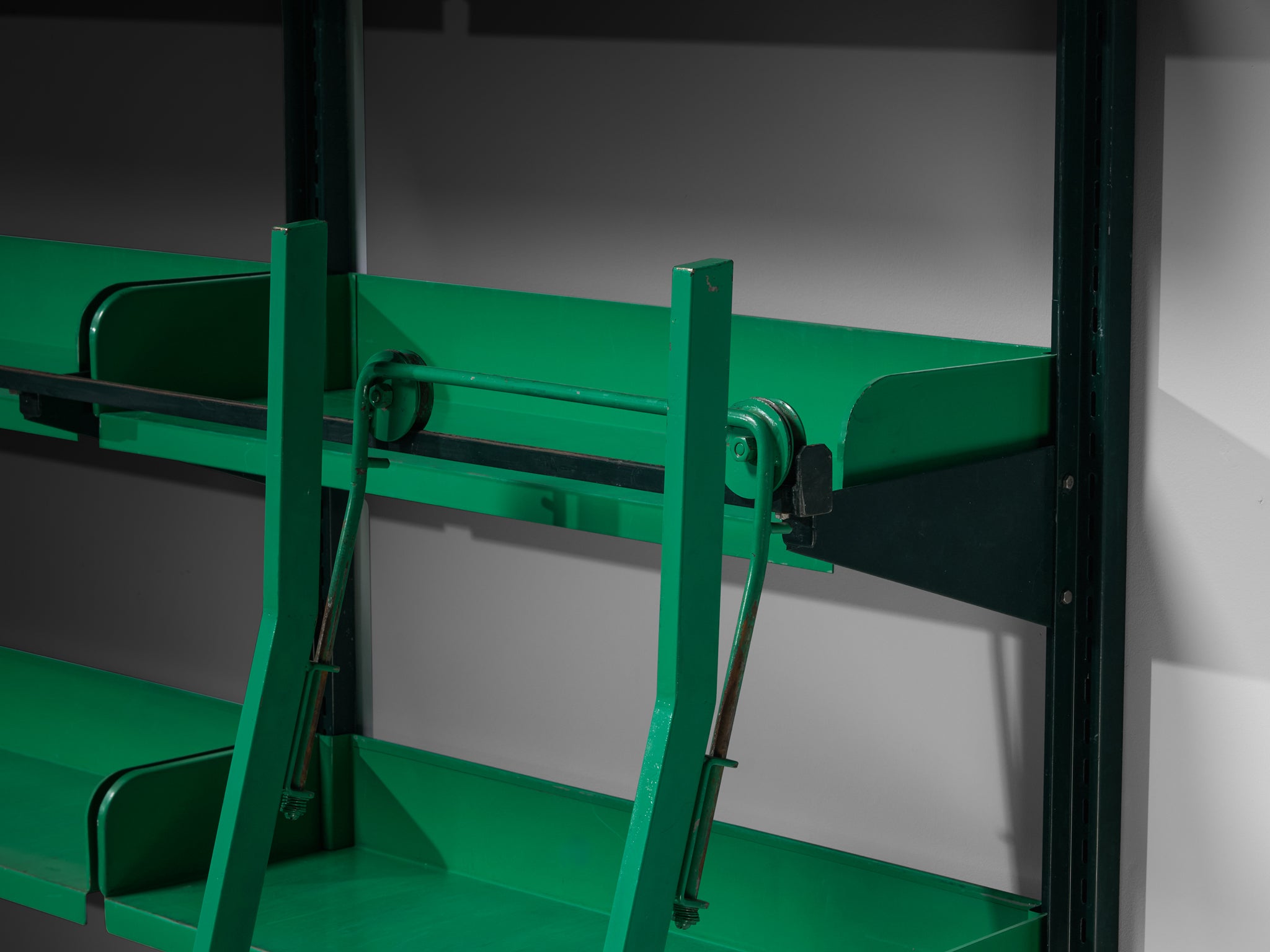Large Italian Library with Integrated Staircase in Green Lacquered Steel Case pieces and storage cabinets Morentz