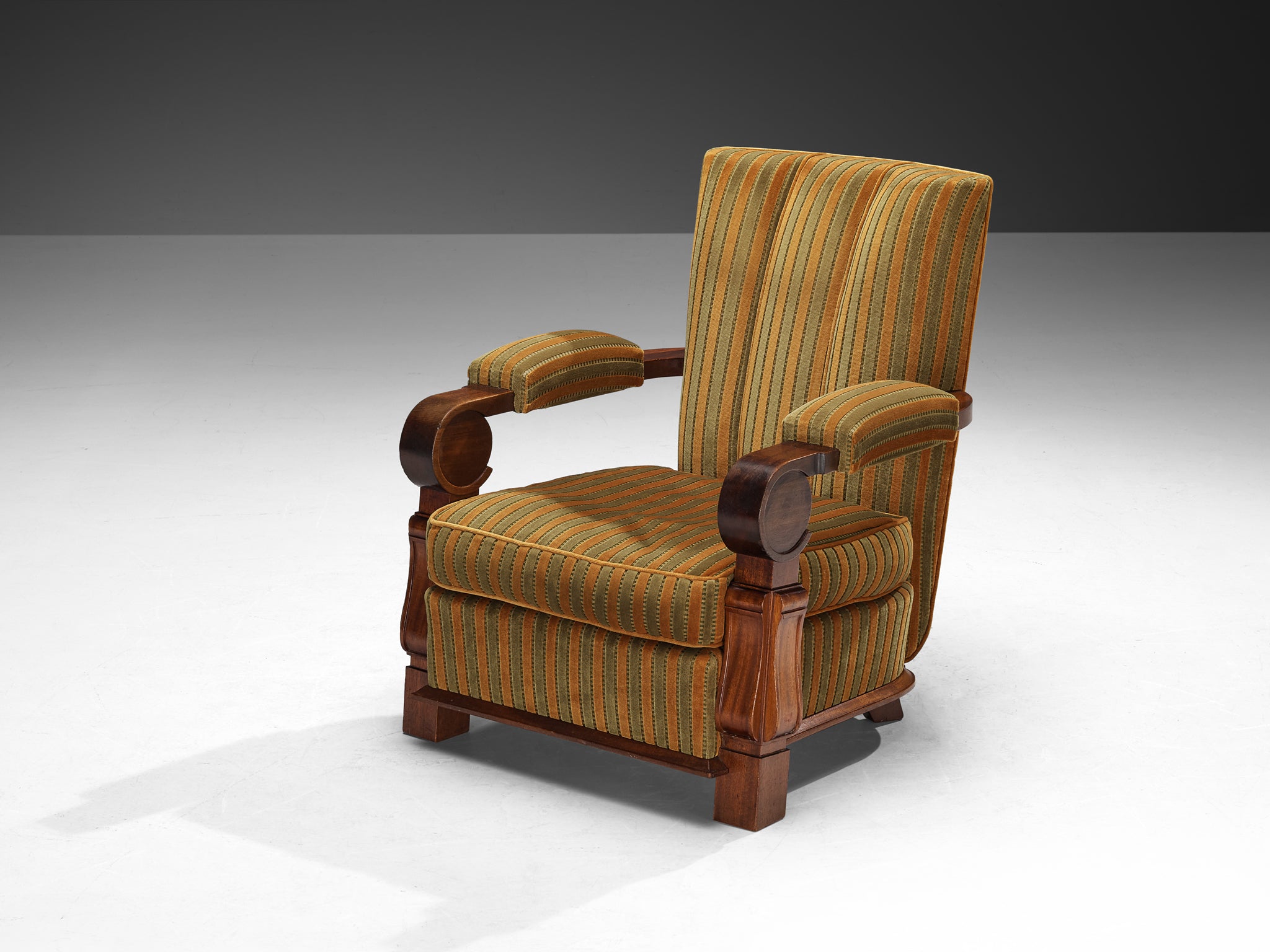 French Art Deco Lounge Chairs in Mahogany and Striped Fabric Seating Morentz
