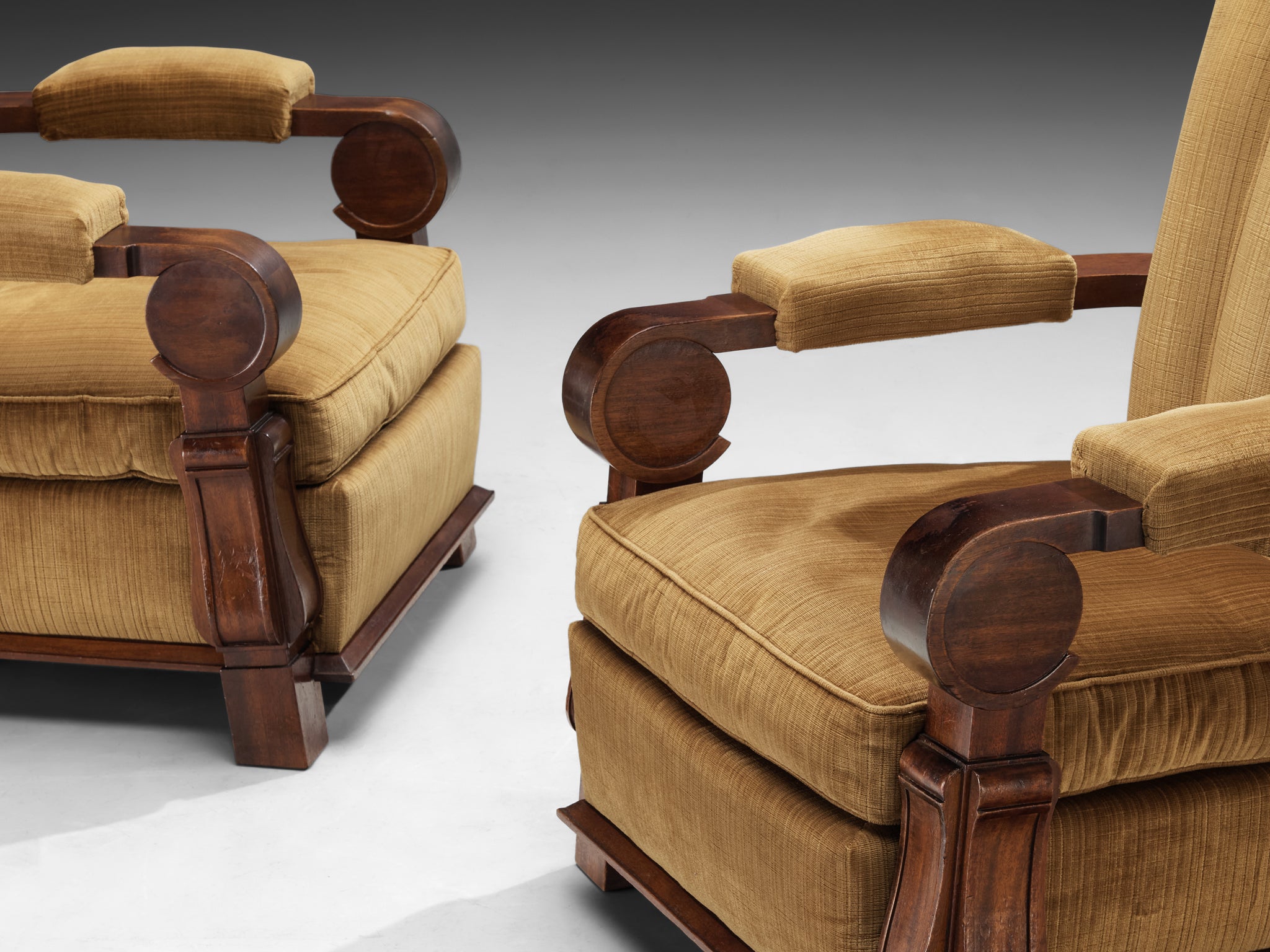 Pair of French Art Deco Lounge Chairs in Mahogany and Golden Beige Fabric Seating Morentz
