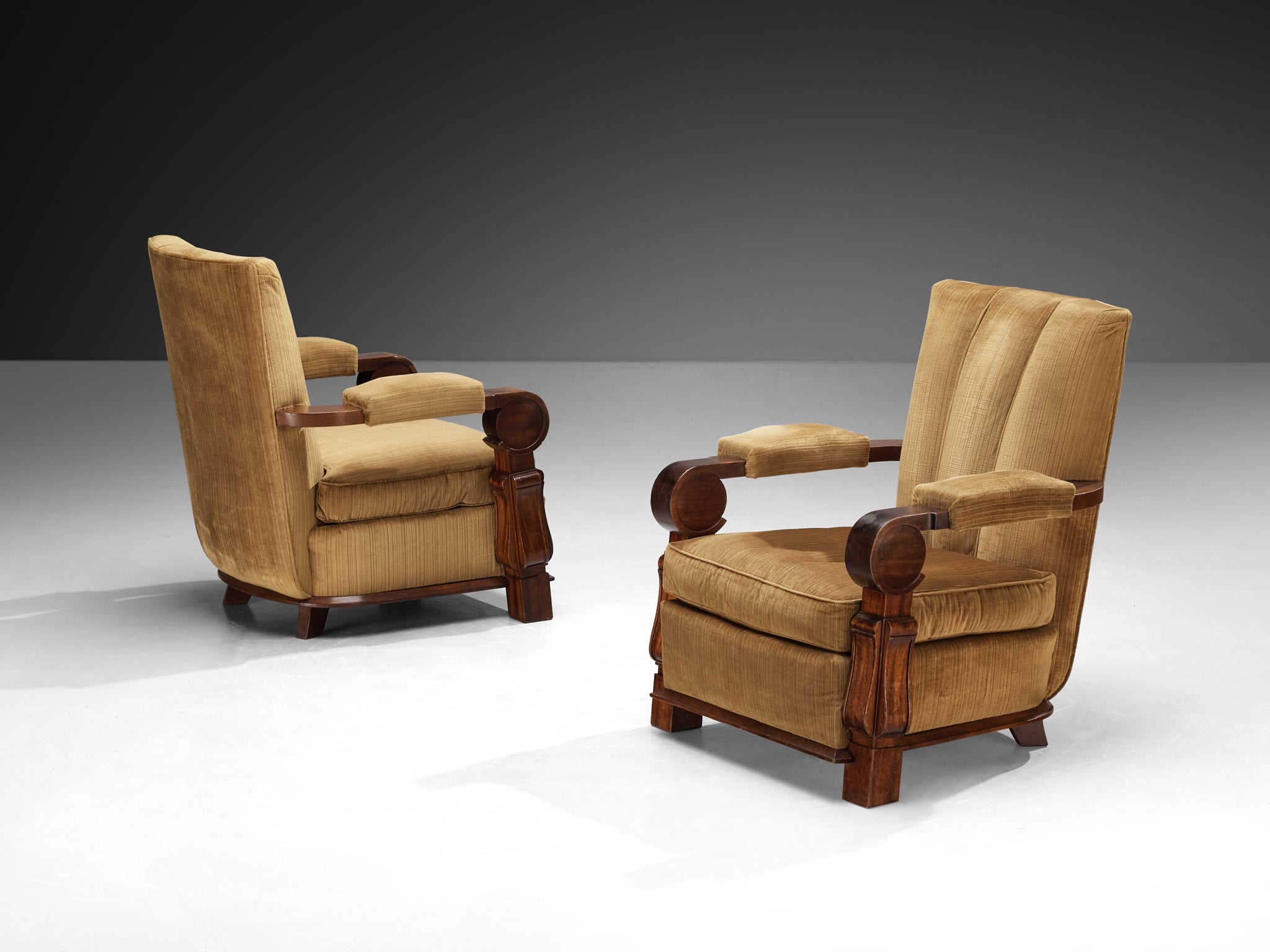 Pair of French Art Deco Lounge Chairs in Mahogany and Golden Beige Fabric Seating Morentz