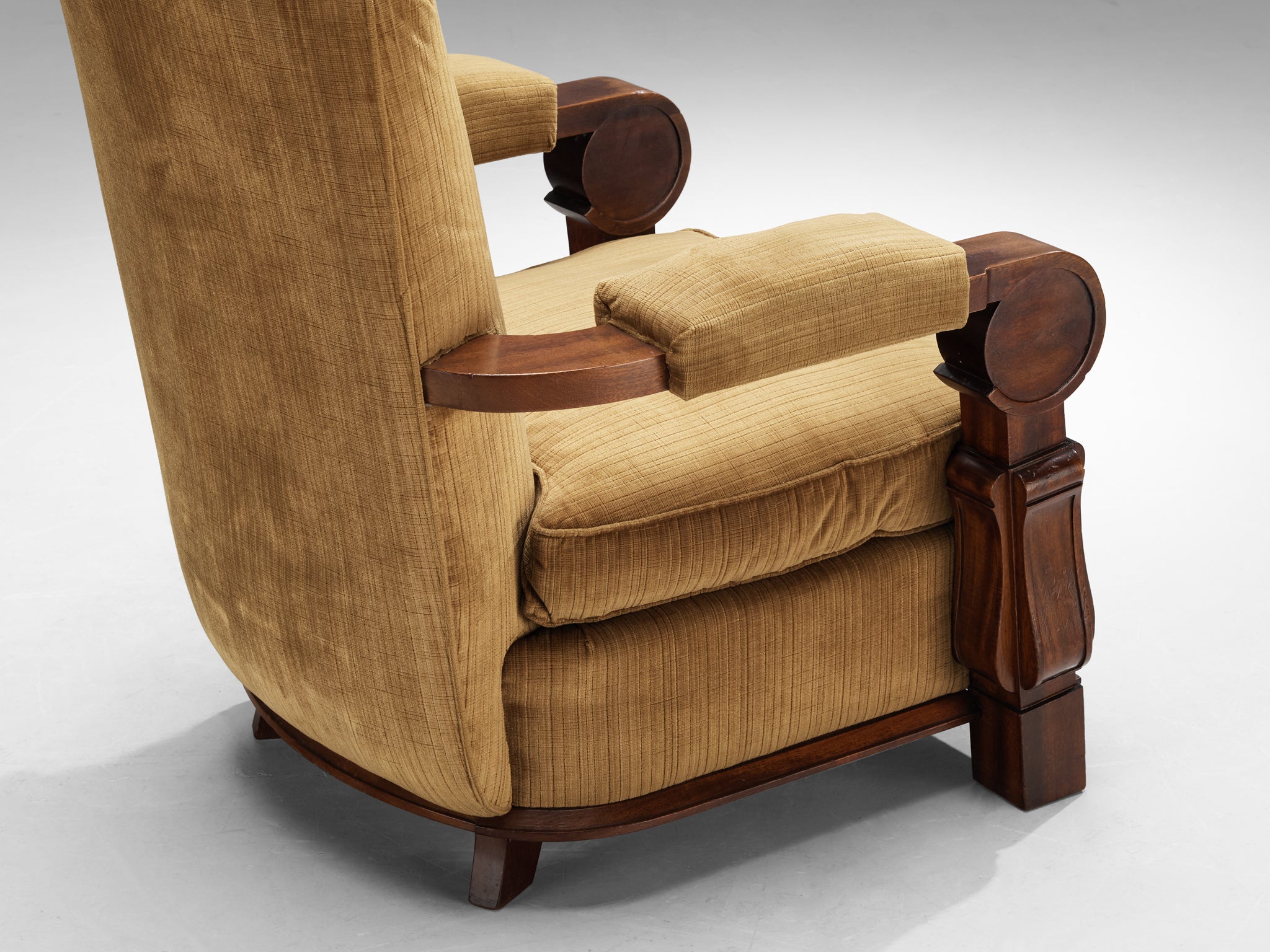 Pair of French Art Deco Lounge Chairs in Mahogany and Golden Beige Fabric Seating Morentz