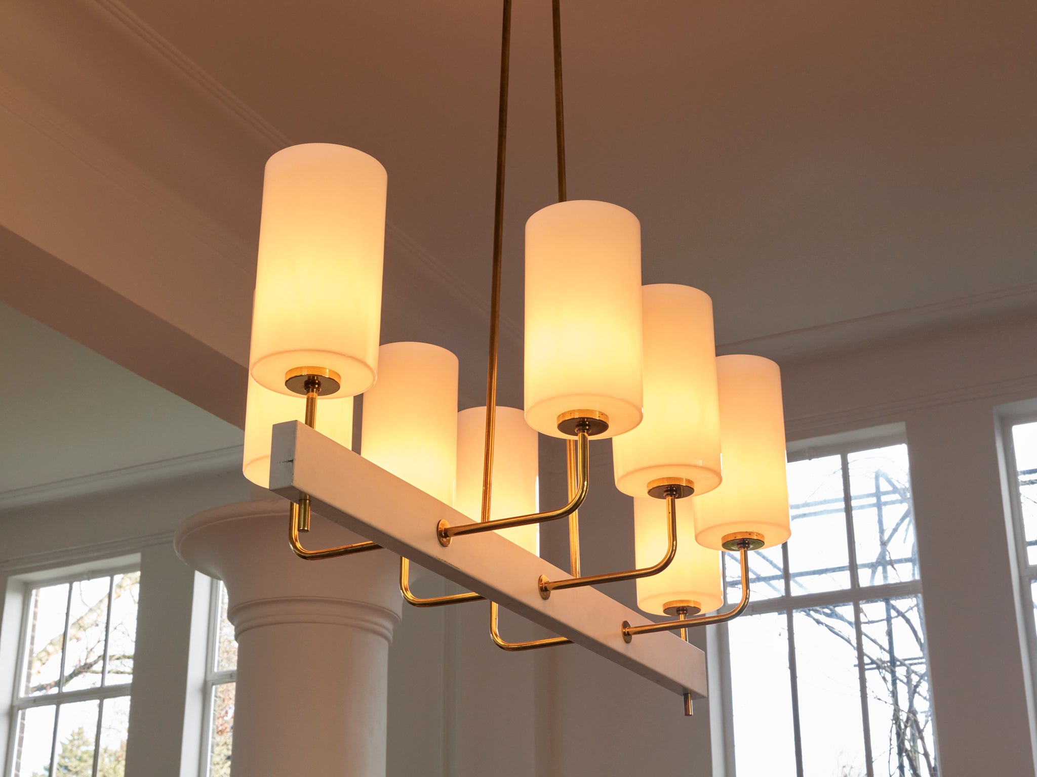 Very Large Paavo Tynell for Idman Monumental Chandelier in Brass Opal Glass 155cm/61in