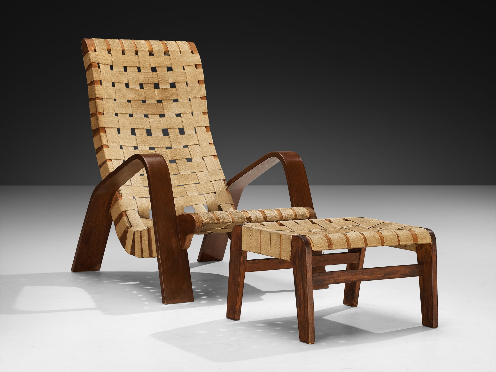 Sculptural Lounge Chair with Ottoman in Canvas Webbing and Bentwood Seating Morentz