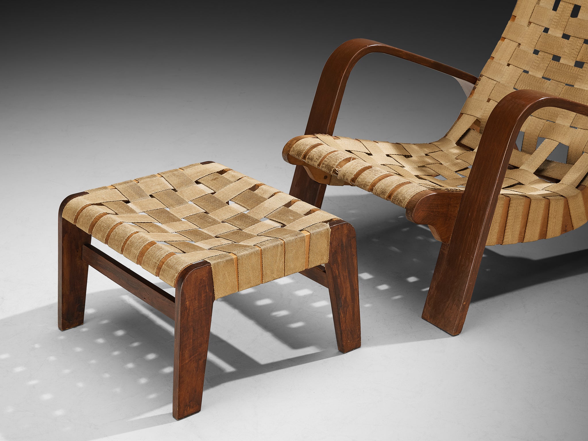 Sculptural Lounge Chair with Ottoman in Canvas Webbing and Bentwood Seating Morentz