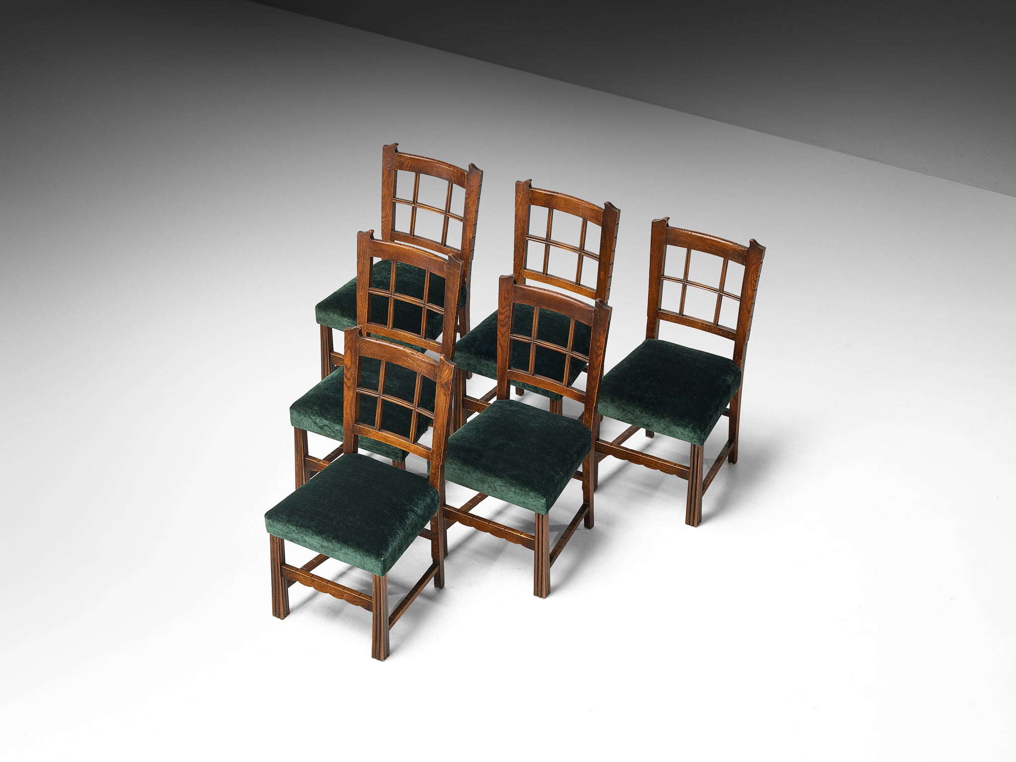 Ernesto Valabrega for Vittorio Valabrega Set of Six Chairs in Oak and Pierre Frey Velvet Seating Morentz