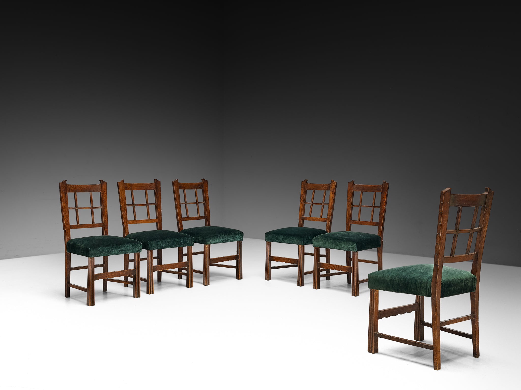 Ernesto Valabrega for Vittorio Valabrega Set of Six Chairs in Oak and Pierre Frey Velvet Seating Morentz