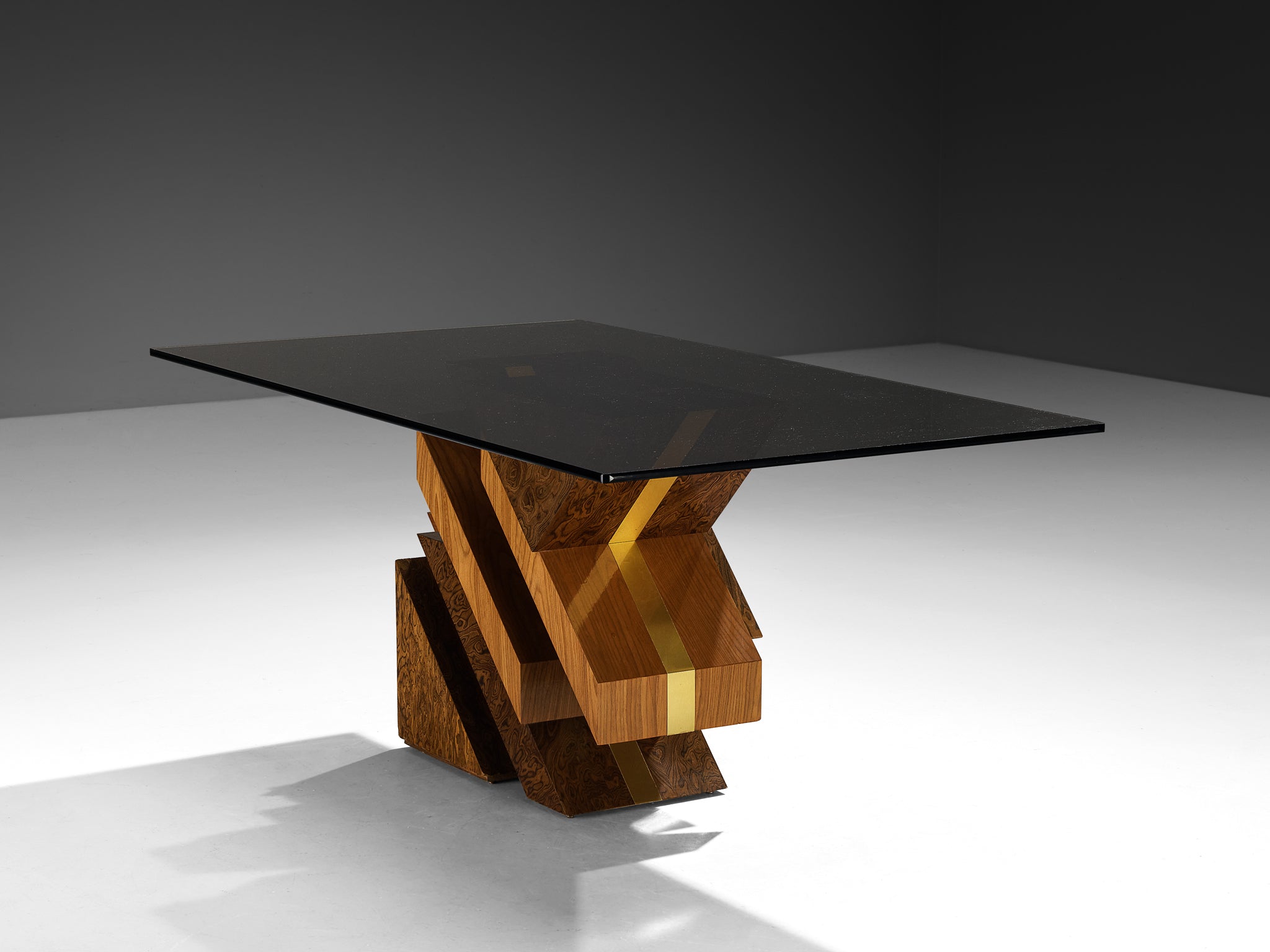 1970s Sculptural Geometric Dining Table in Expressive Grain Wood and Brass Tables Morentz