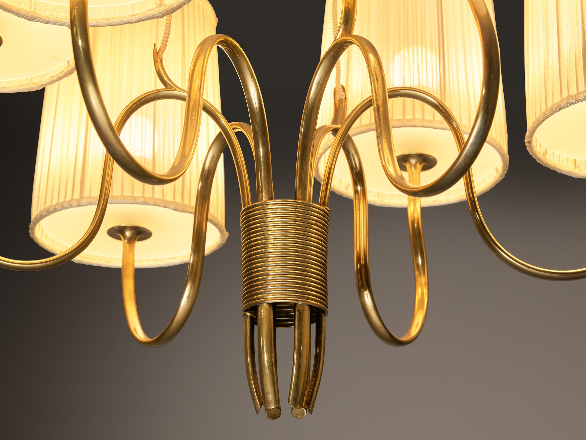 Paavo Tynell for Taito Oy Chandelier in Brass with Original Fabric Shades Lighting Morentz