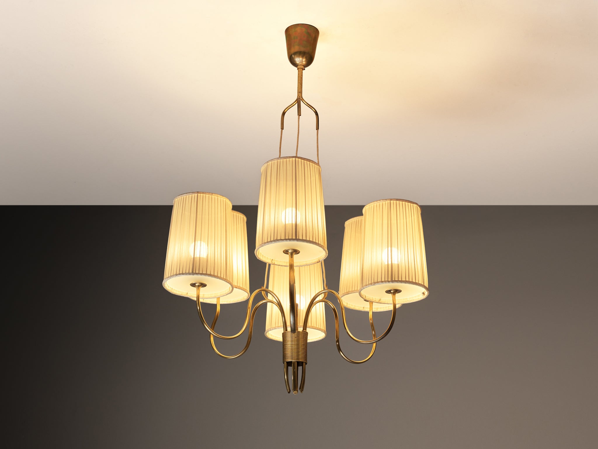Paavo Tynell for Taito Oy Chandelier in Brass with Original Fabric Shades Lighting Morentz