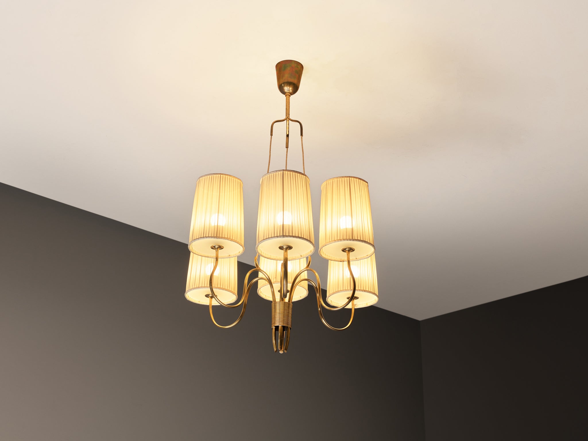 Paavo Tynell for Taito Oy Chandelier in Brass with Original Fabric Shades Lighting Morentz