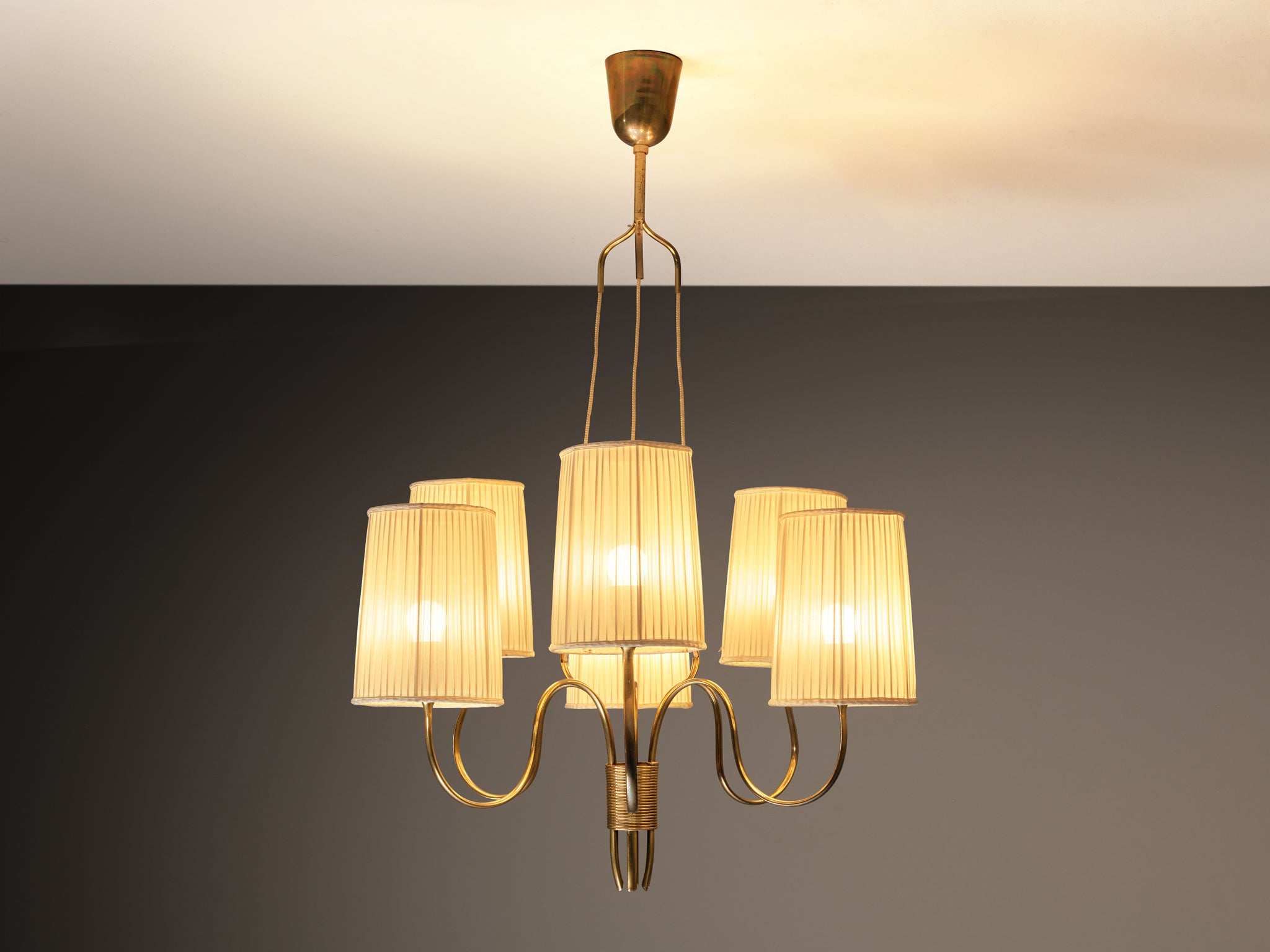 Paavo Tynell for Taito Oy Chandelier in Brass with Original Fabric Shades Lighting Morentz