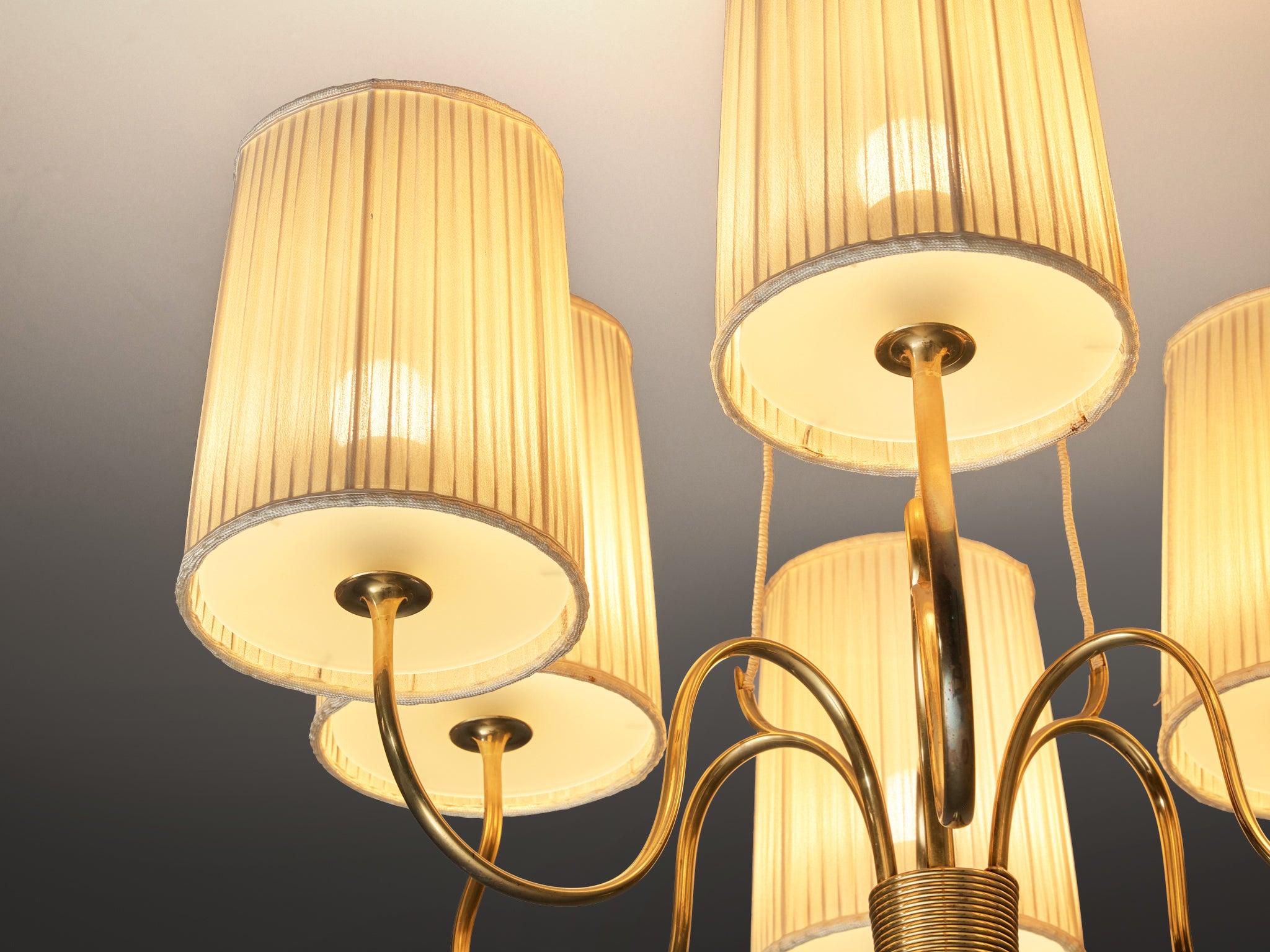 Paavo Tynell for Taito Oy Chandelier in Brass with Original Fabric Shades Lighting Morentz