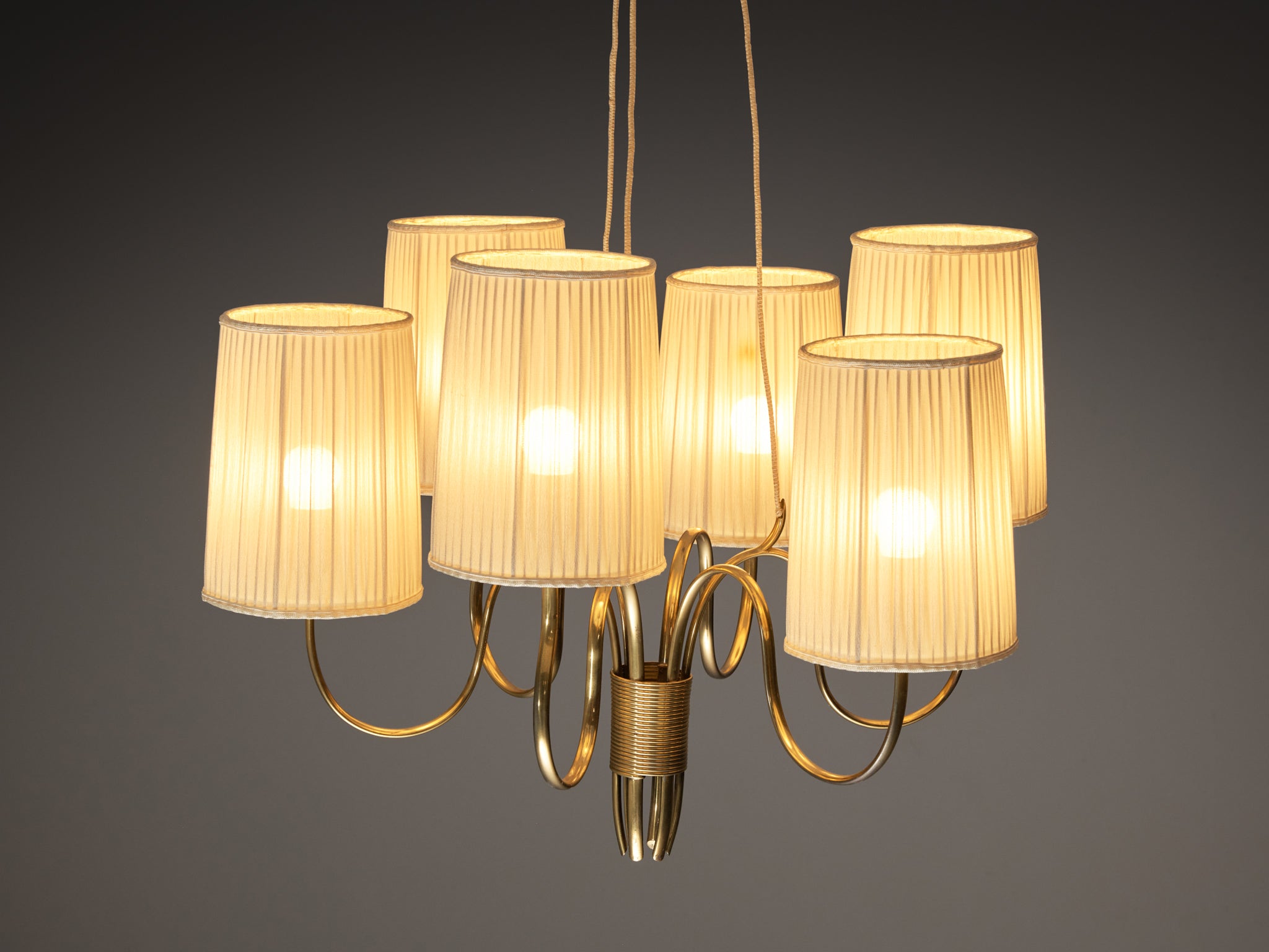 Paavo Tynell for Taito Oy Chandelier in Brass with Original Fabric Shades Lighting Morentz