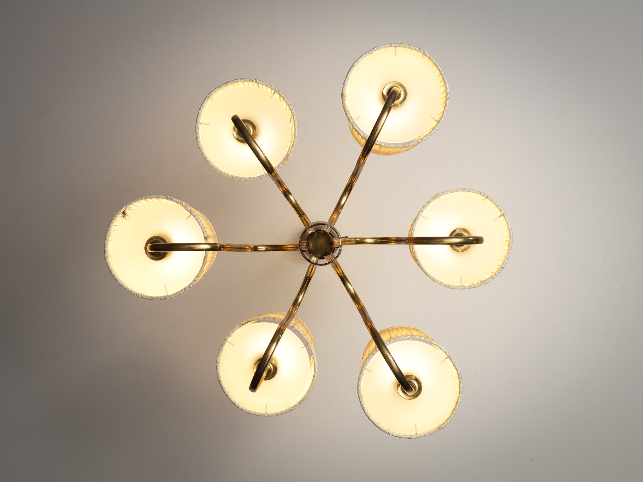 Paavo Tynell for Taito Oy Chandelier in Brass with Original Fabric Shades Lighting Morentz