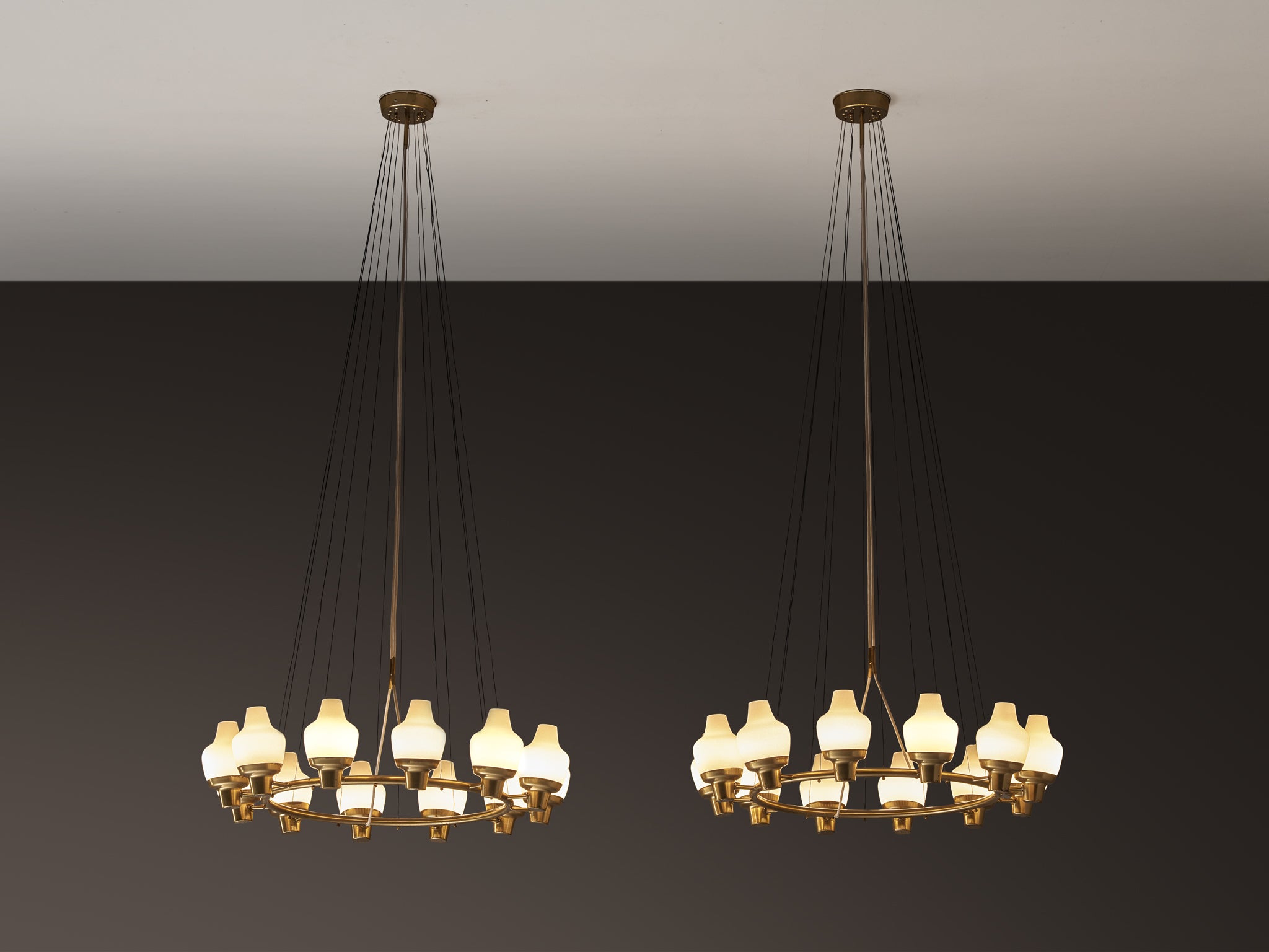 Hans Bergström for Ateljé Lyktan Chandeliers in Brass and Frosted Glass Lighting Morentz
