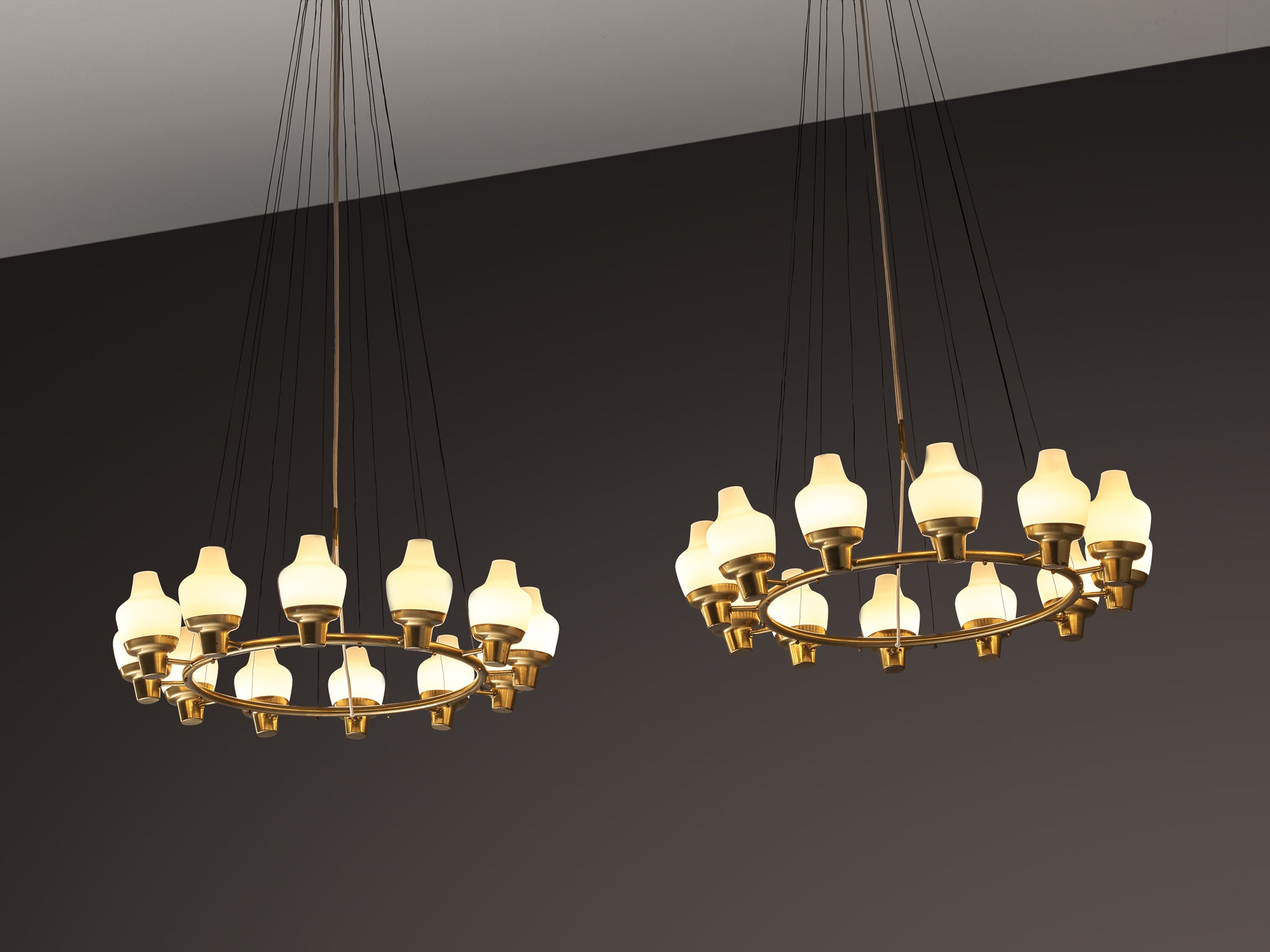 Hans Bergström for Ateljé Lyktan Chandeliers in Brass and Frosted Glass Lighting Morentz