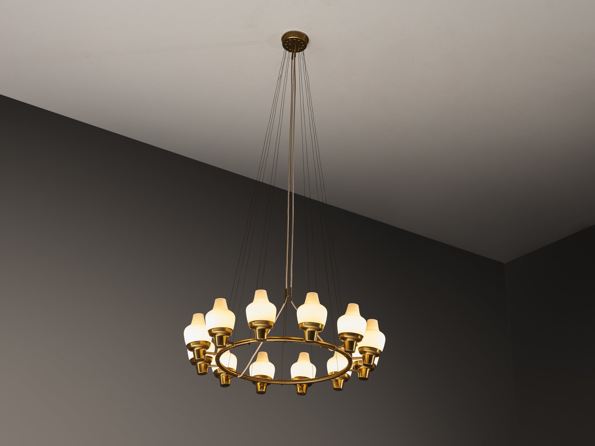 Hans Bergström for Ateljé Lyktan Chandeliers in Brass and Frosted Glass Lighting Morentz