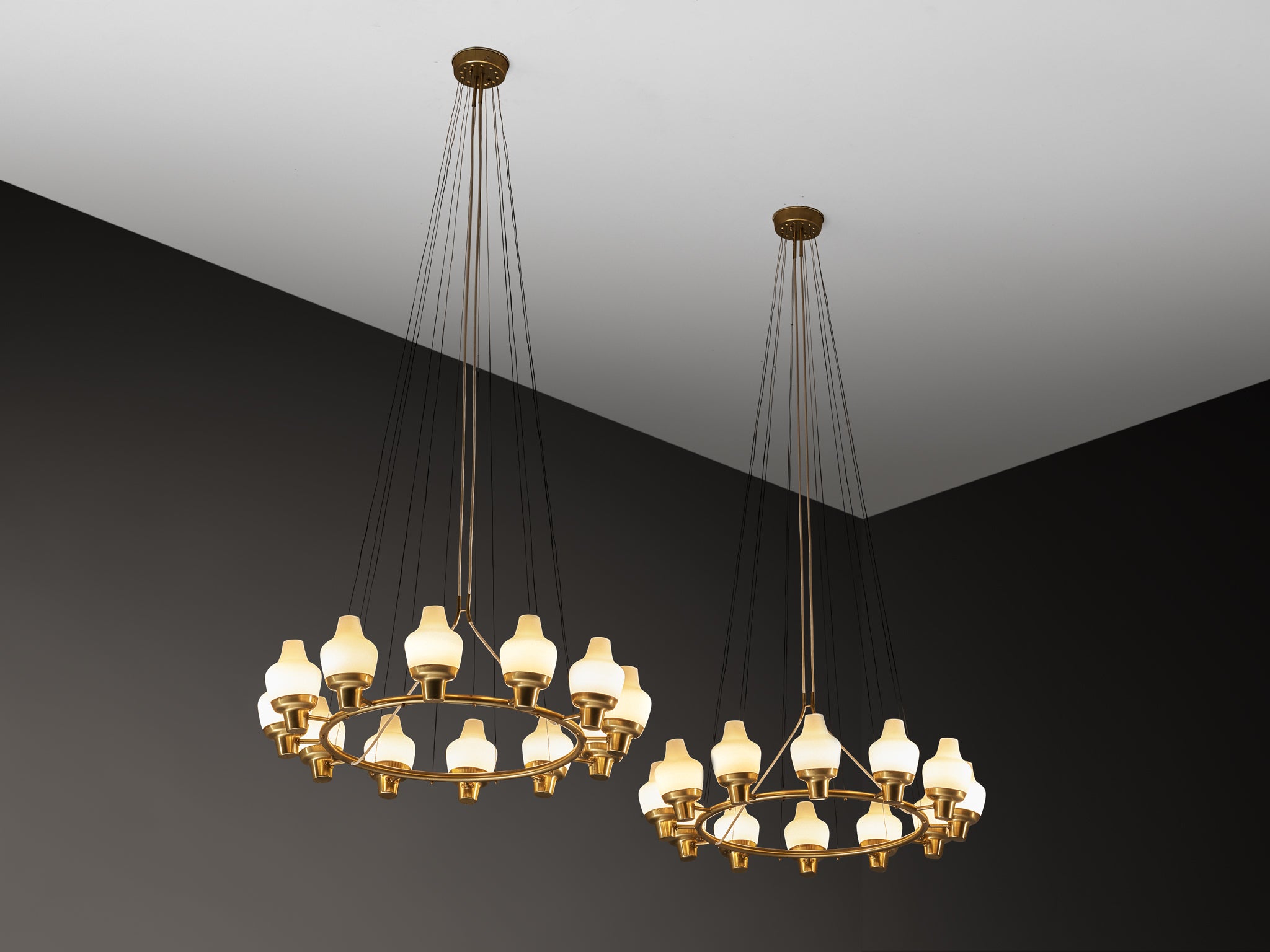 Hans Bergström for Ateljé Lyktan Chandeliers in Brass and Frosted Glass Lighting Morentz