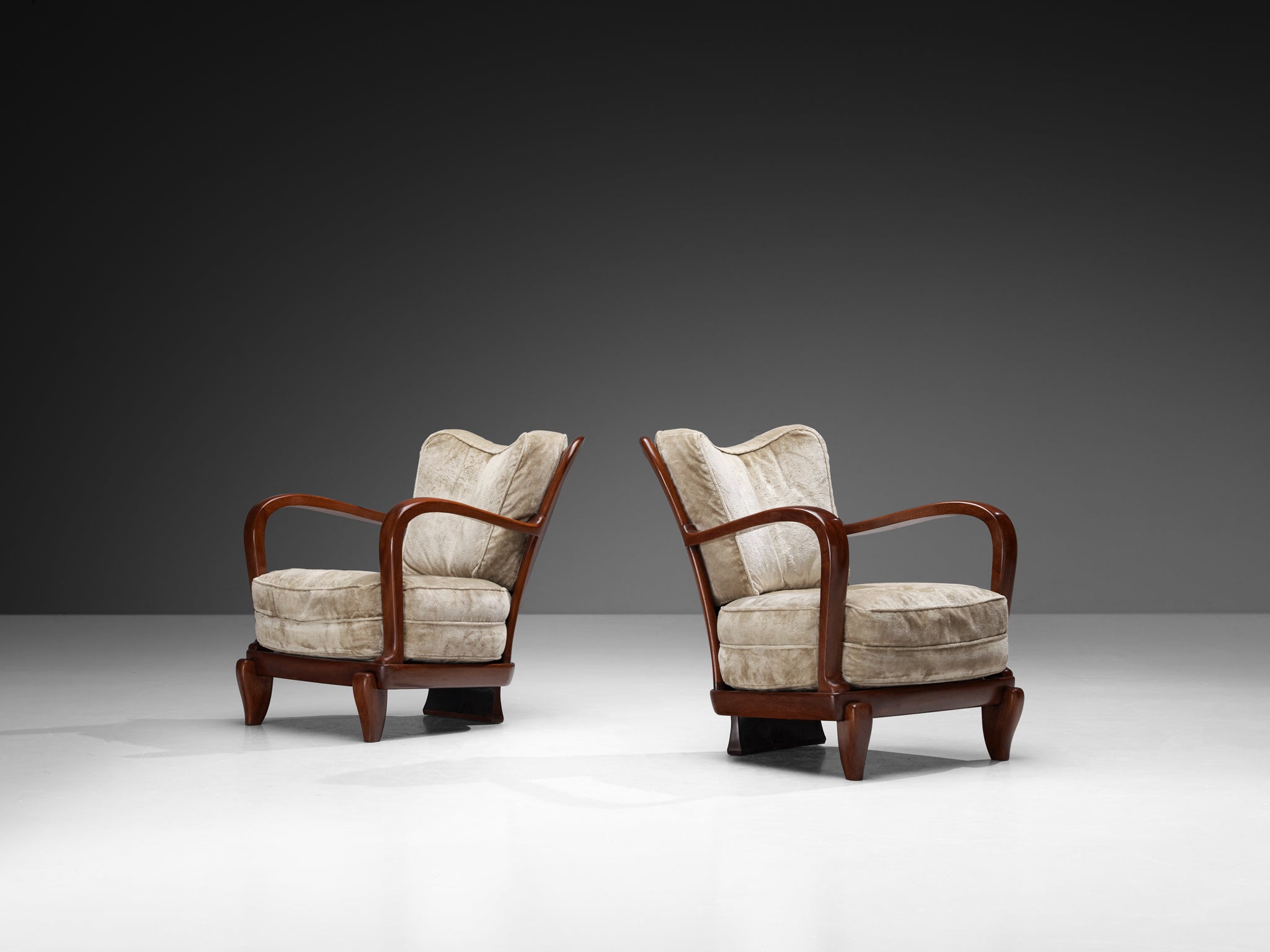 Ernesto Valabrega for Vittorio Valabrega Pair of Lounge Chairs in Mahogany and Taupe Velvet Seating Morentz