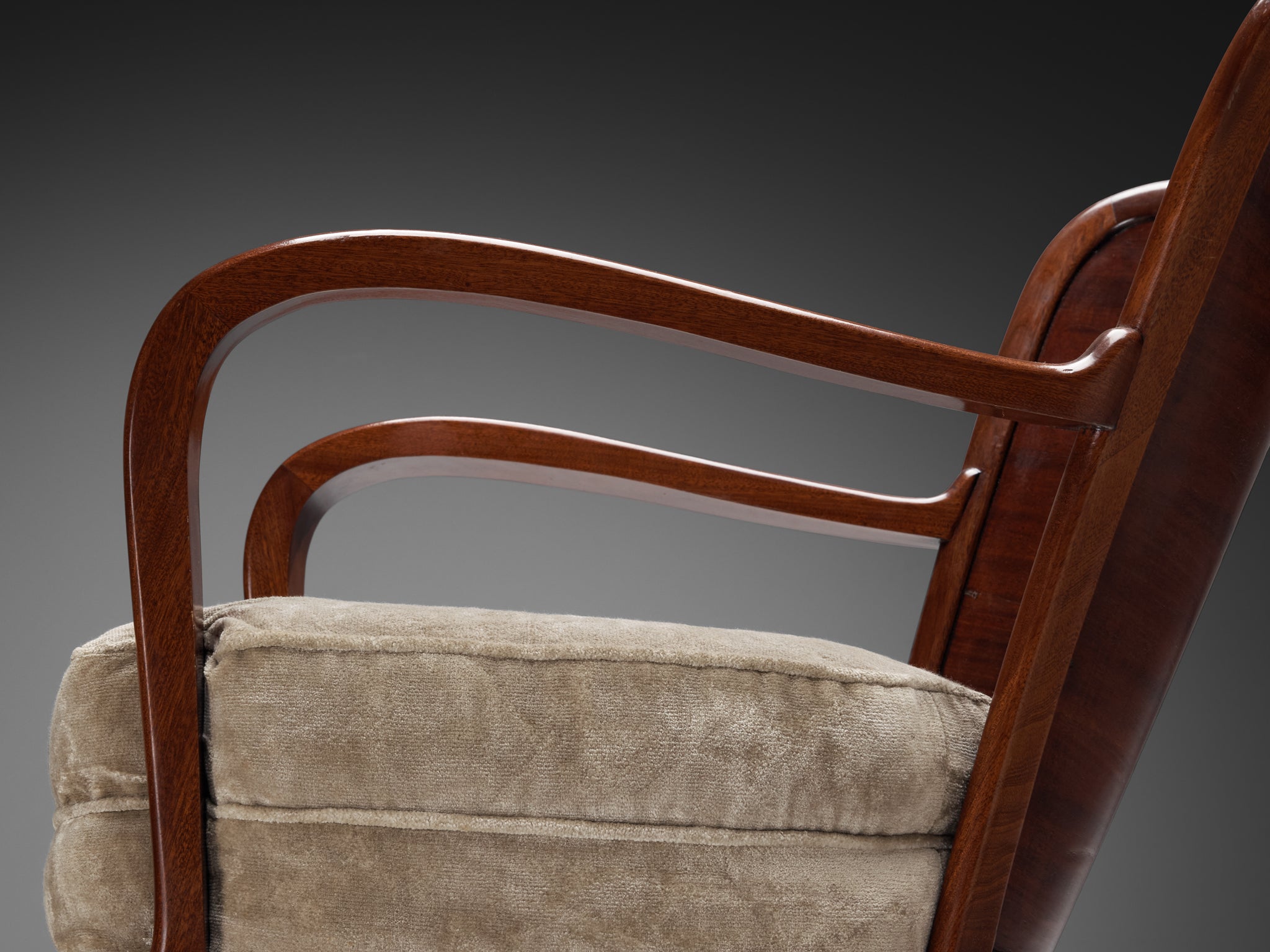 Ernesto Valabrega for Vittorio Valabrega Pair of Lounge Chairs in Mahogany and Taupe Velvet Seating Morentz