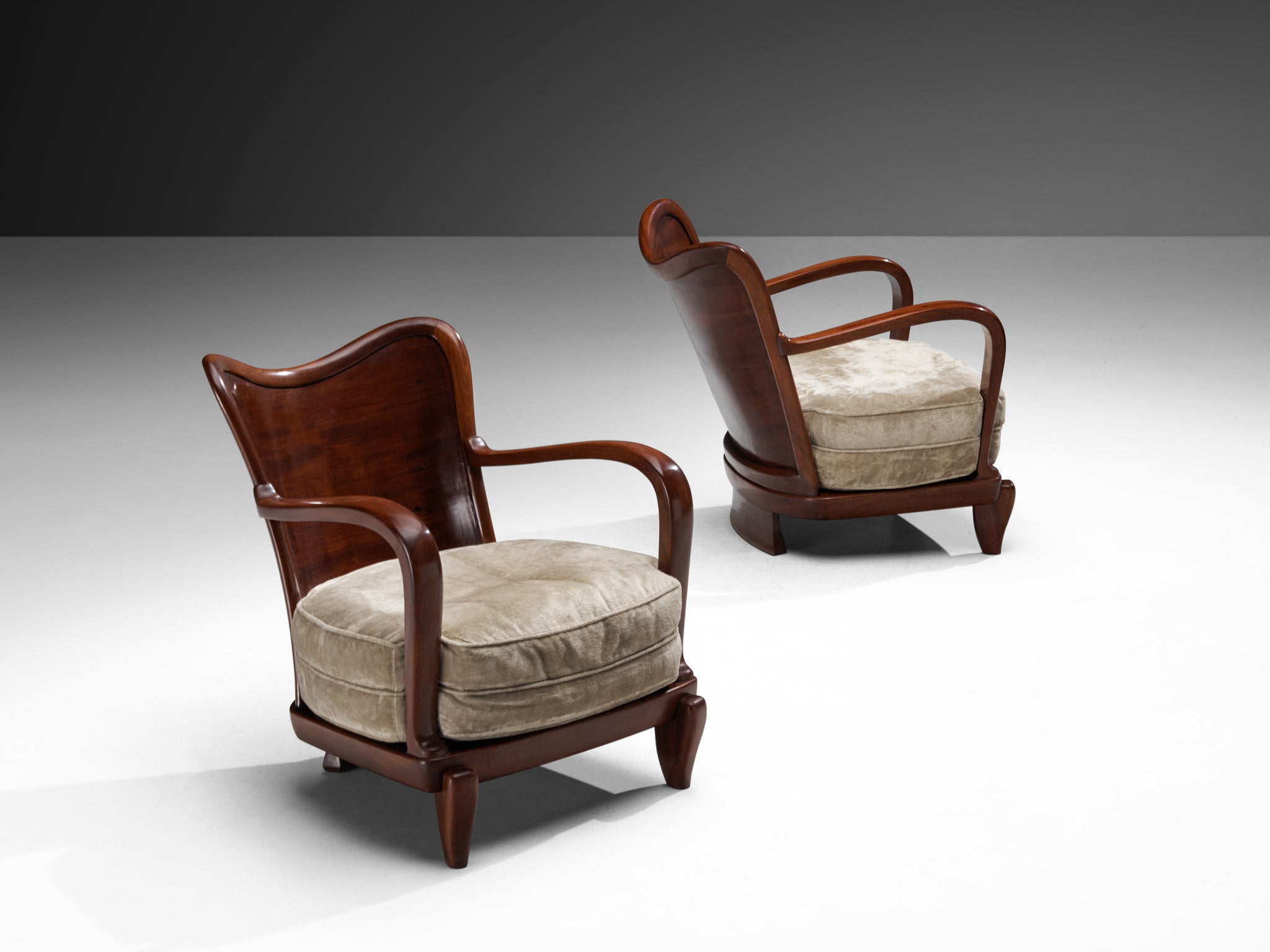 Ernesto Valabrega for Vittorio Valabrega Pair of Lounge Chairs in Mahogany and Taupe Velvet Seating Morentz