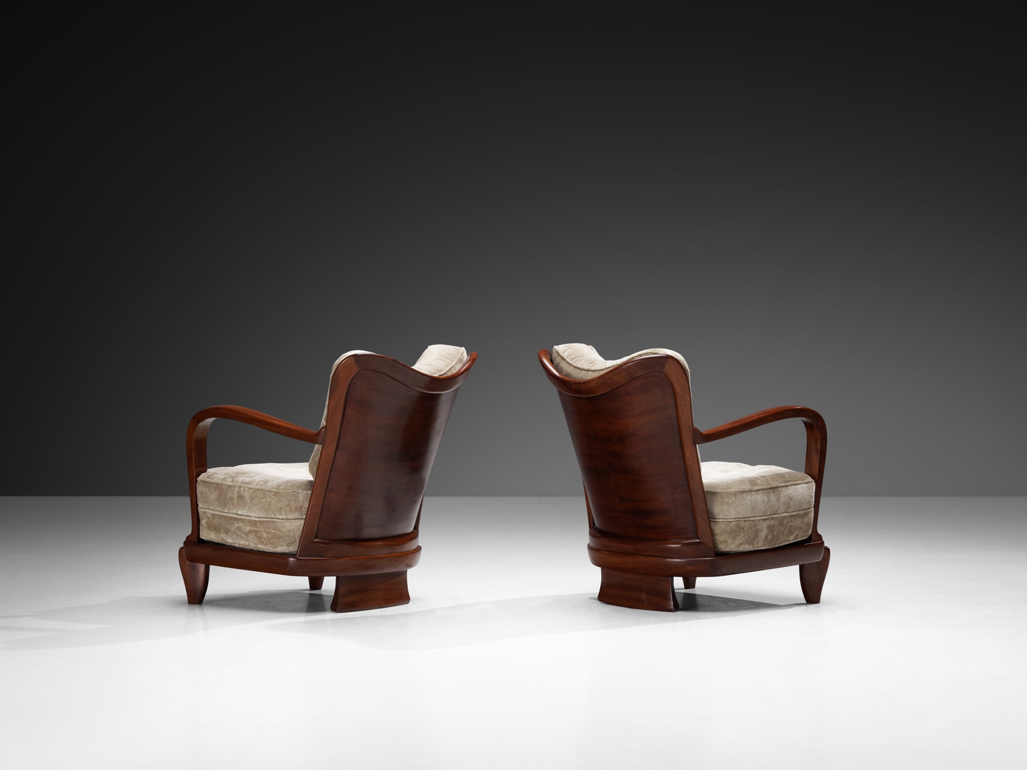 Ernesto Valabrega for Vittorio Valabrega Pair of Lounge Chairs in Mahogany and Taupe Velvet Seating Morentz