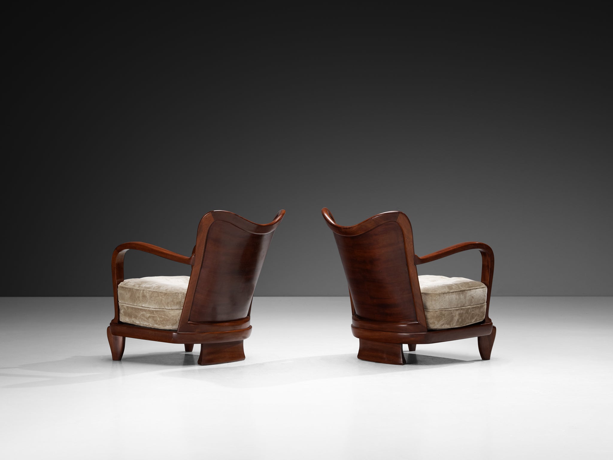 Ernesto Valabrega for Vittorio Valabrega Pair of Lounge Chairs in Mahogany and Taupe Velvet Seating Morentz