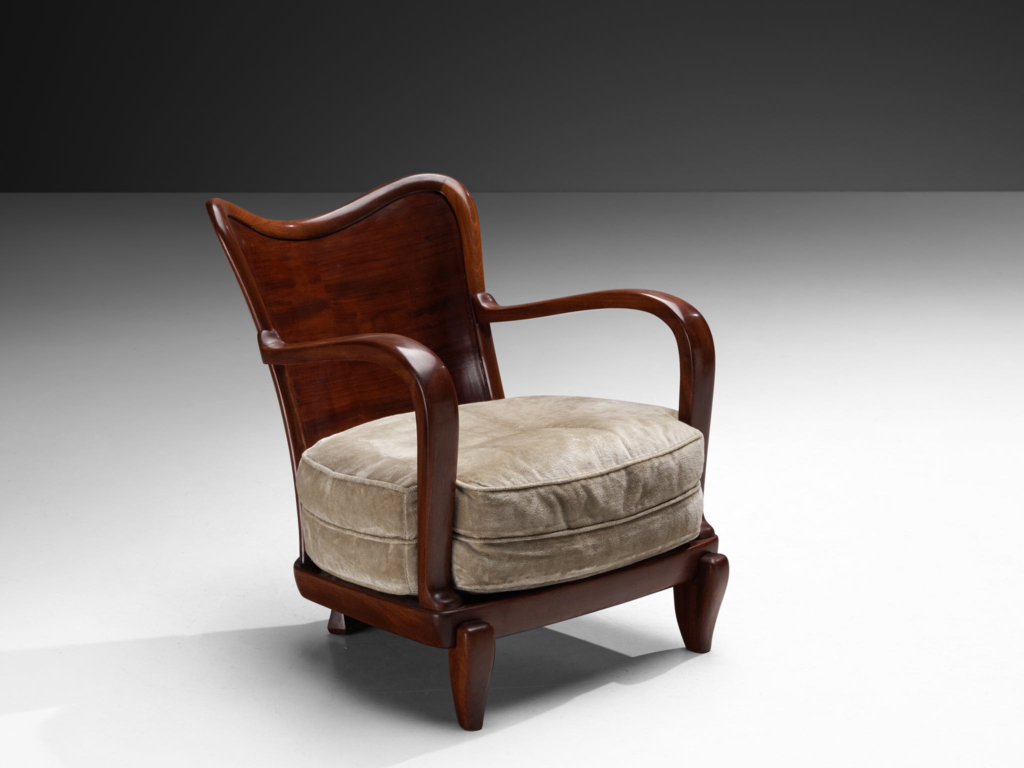 Ernesto Valabrega for Vittorio Valabrega Pair of Lounge Chairs in Mahogany and Taupe Velvet Seating Morentz
