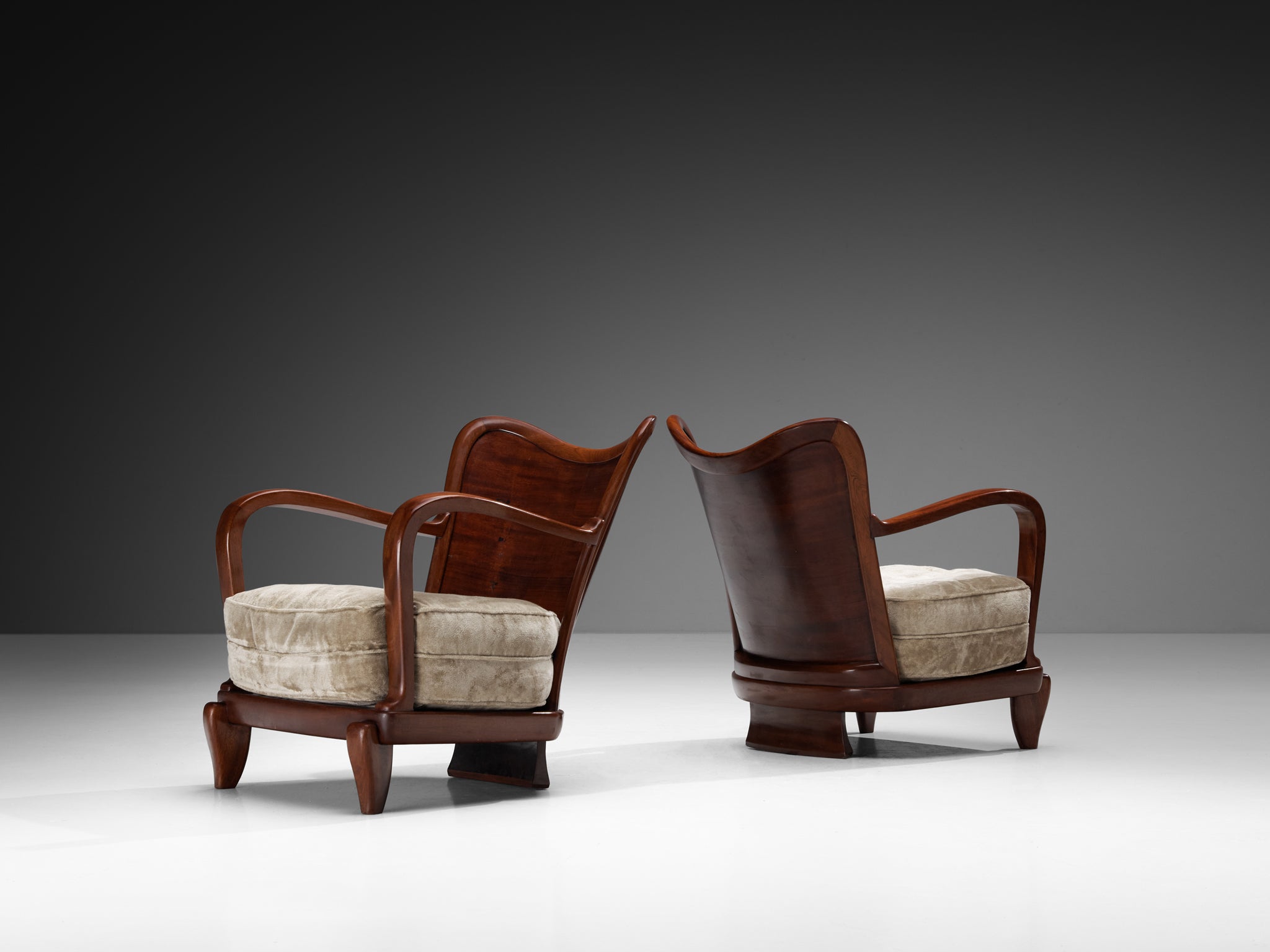 Ernesto Valabrega for Vittorio Valabrega Pair of Lounge Chairs in Mahogany and Taupe Velvet Seating Morentz