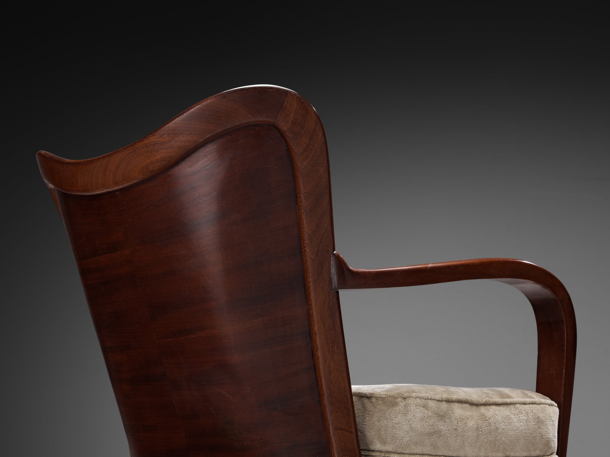 Ernesto Valabrega for Vittorio Valabrega Pair of Lounge Chairs in Mahogany and Taupe Velvet Seating Morentz