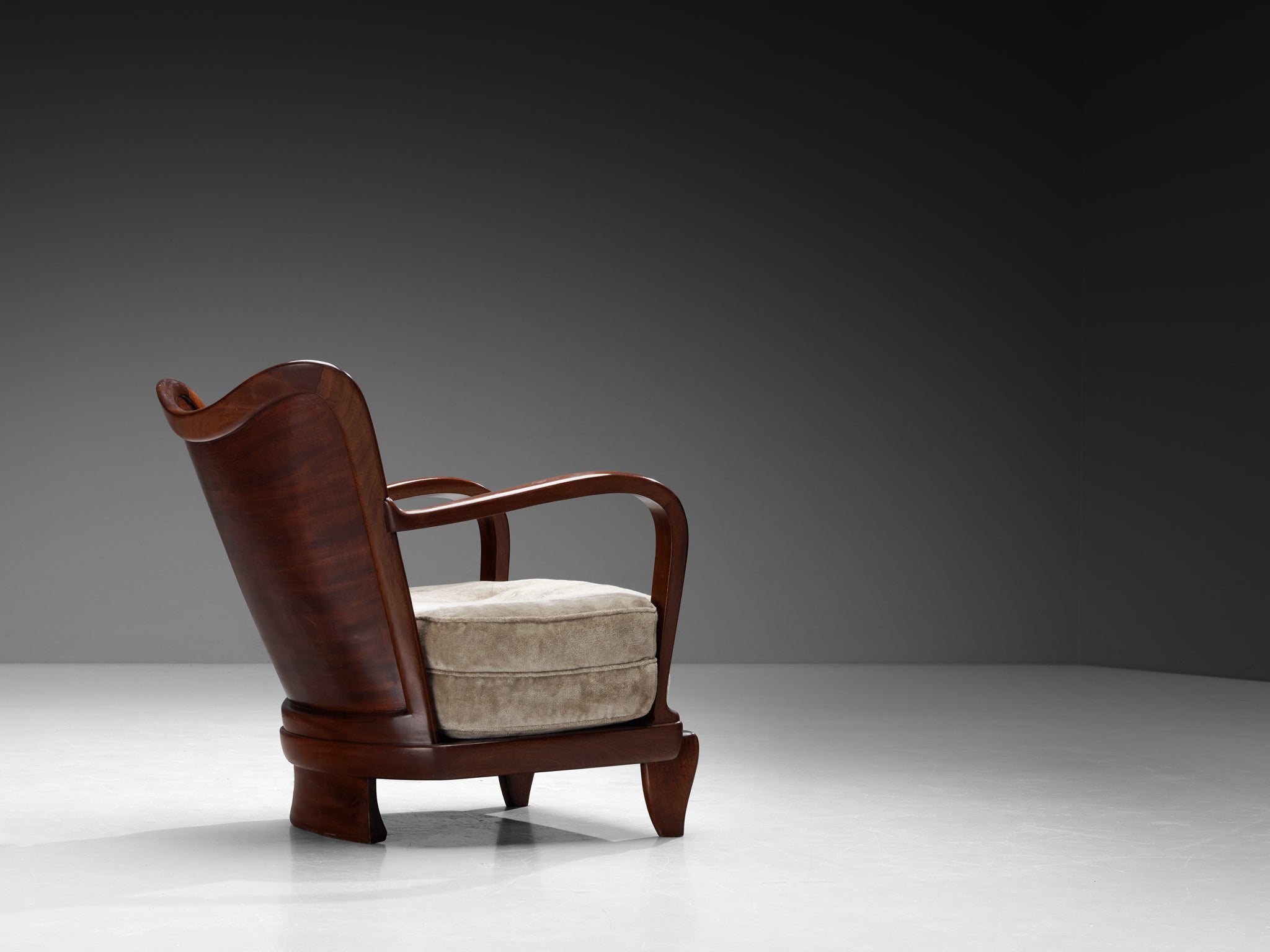 Ernesto Valabrega for Vittorio Valabrega Pair of Lounge Chairs in Mahogany and Taupe Velvet Seating Morentz