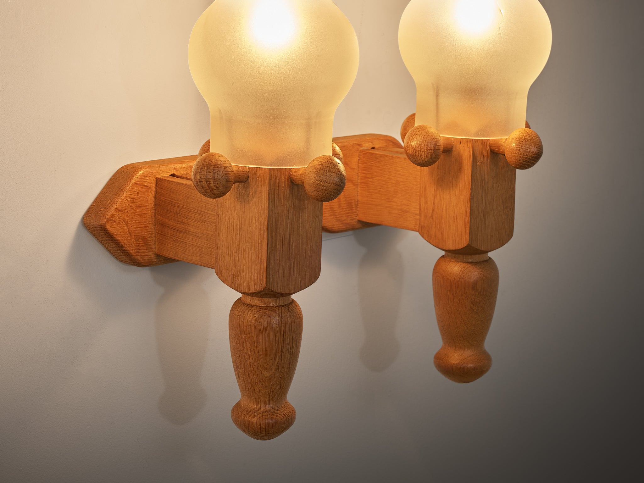 Guillerme & Chambron Pair of Wall Lights in Oak and Glass Lighting Morentz