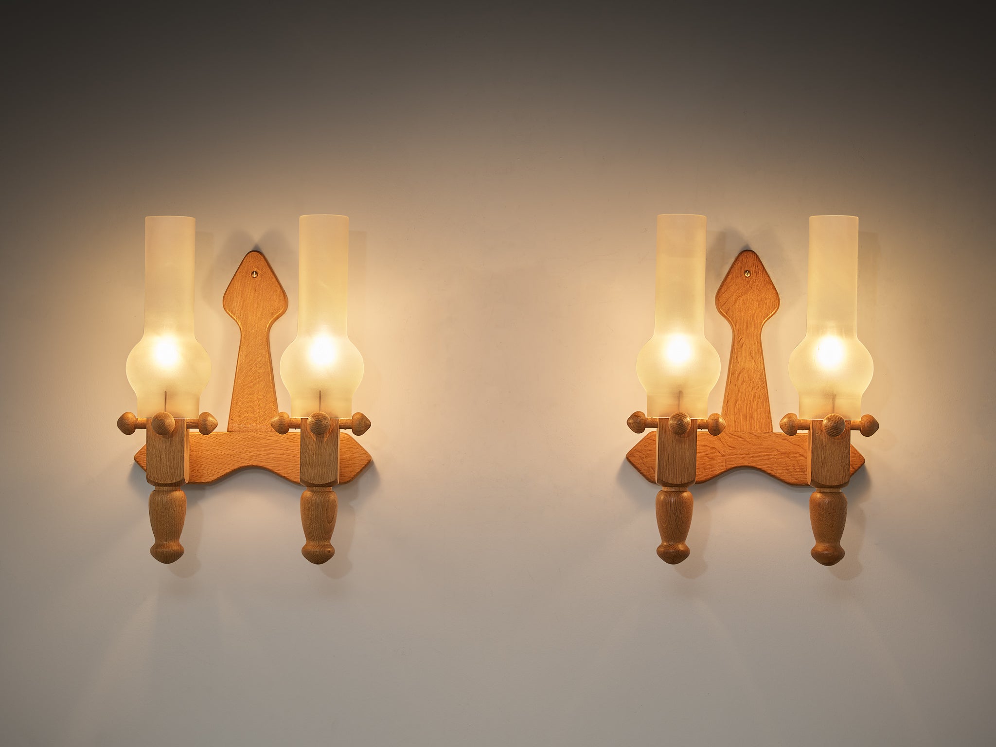 Guillerme & Chambron Pair of Wall Lights in Oak and Glass Lighting Morentz
