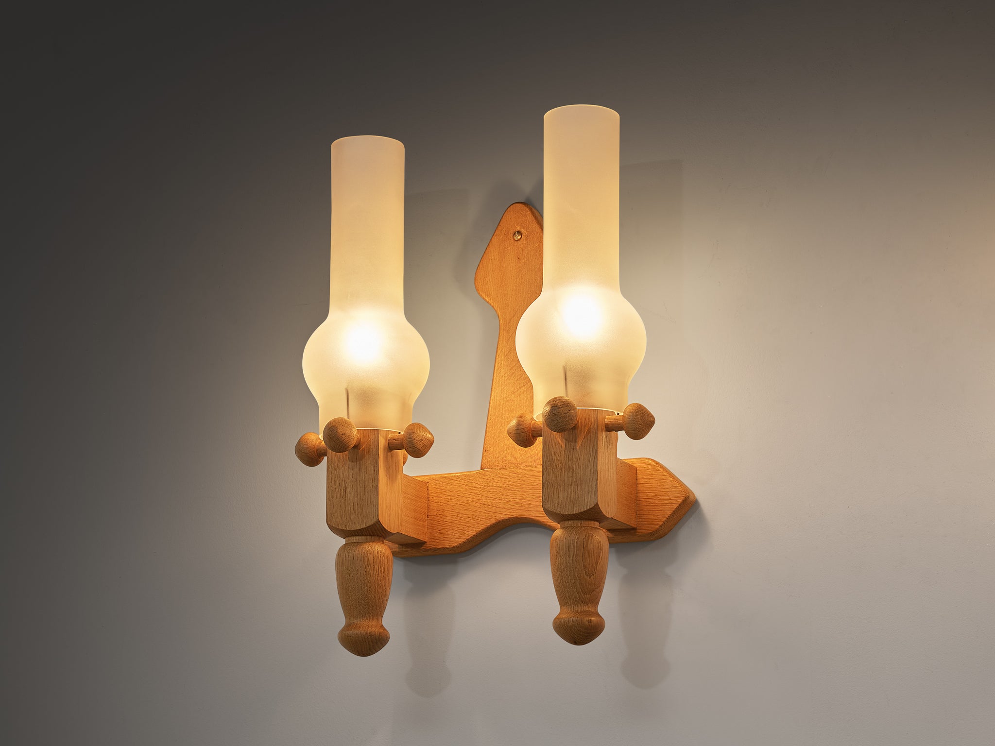 Guillerme & Chambron Pair of Wall Lights in Oak and Glass Lighting Morentz