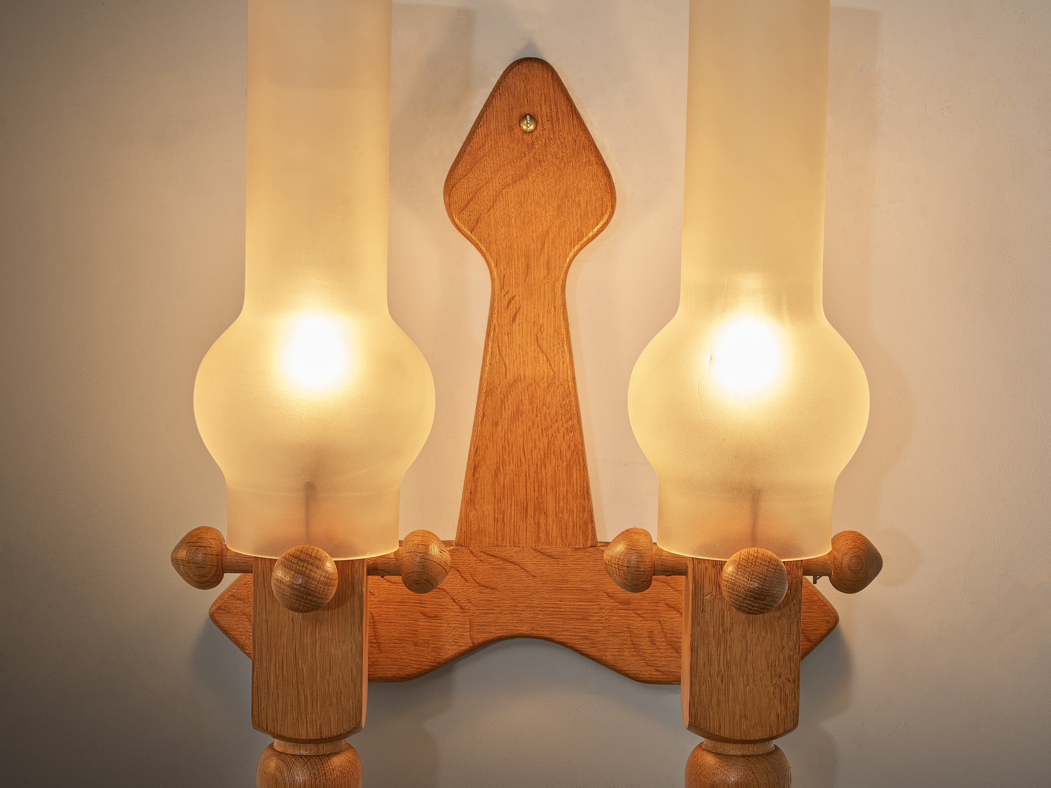 Guillerme & Chambron Pair of Wall Lights in Oak and Glass Lighting Morentz