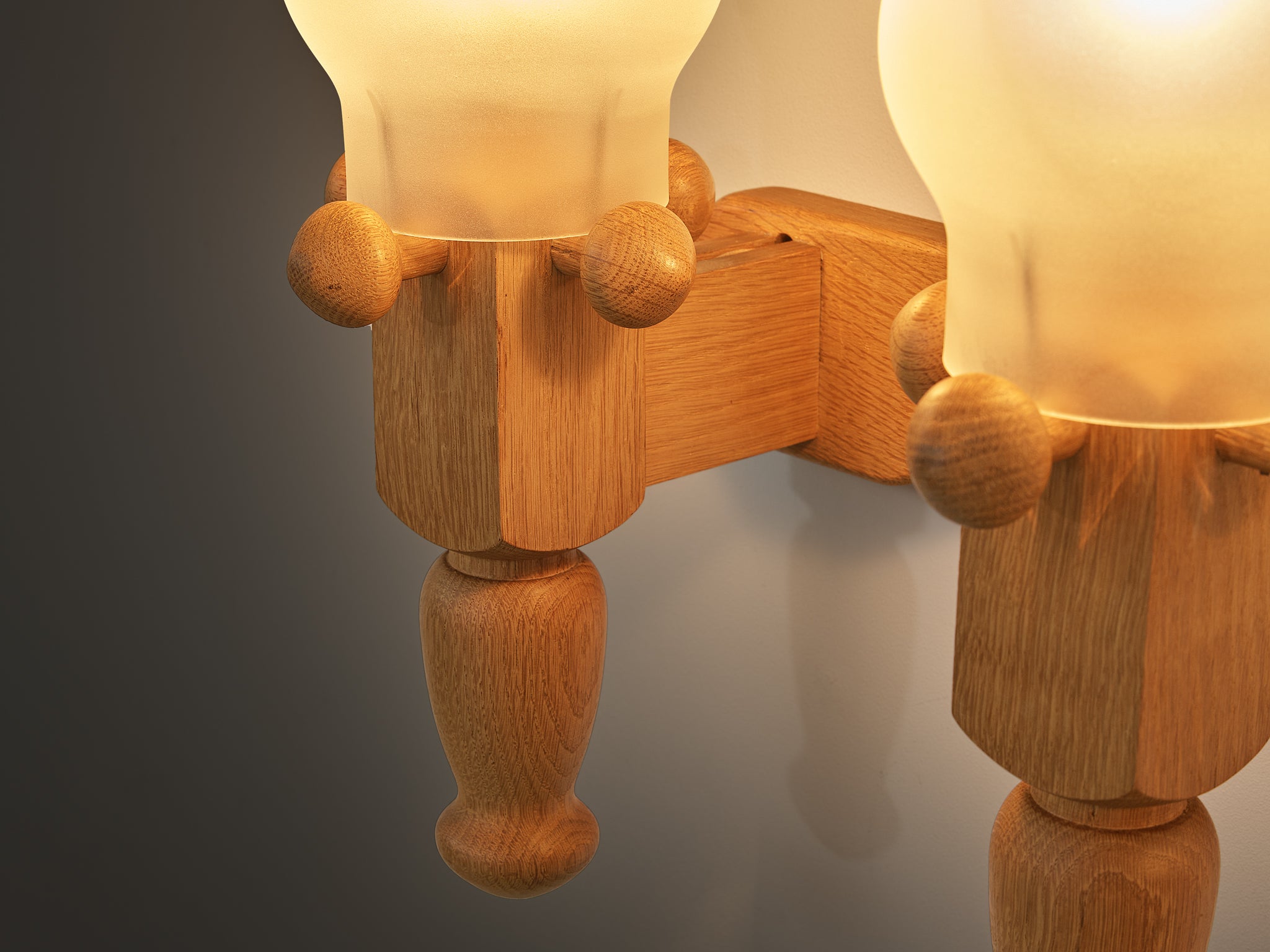 Guillerme & Chambron Pair of Wall Lights in Oak and Glass Lighting Morentz