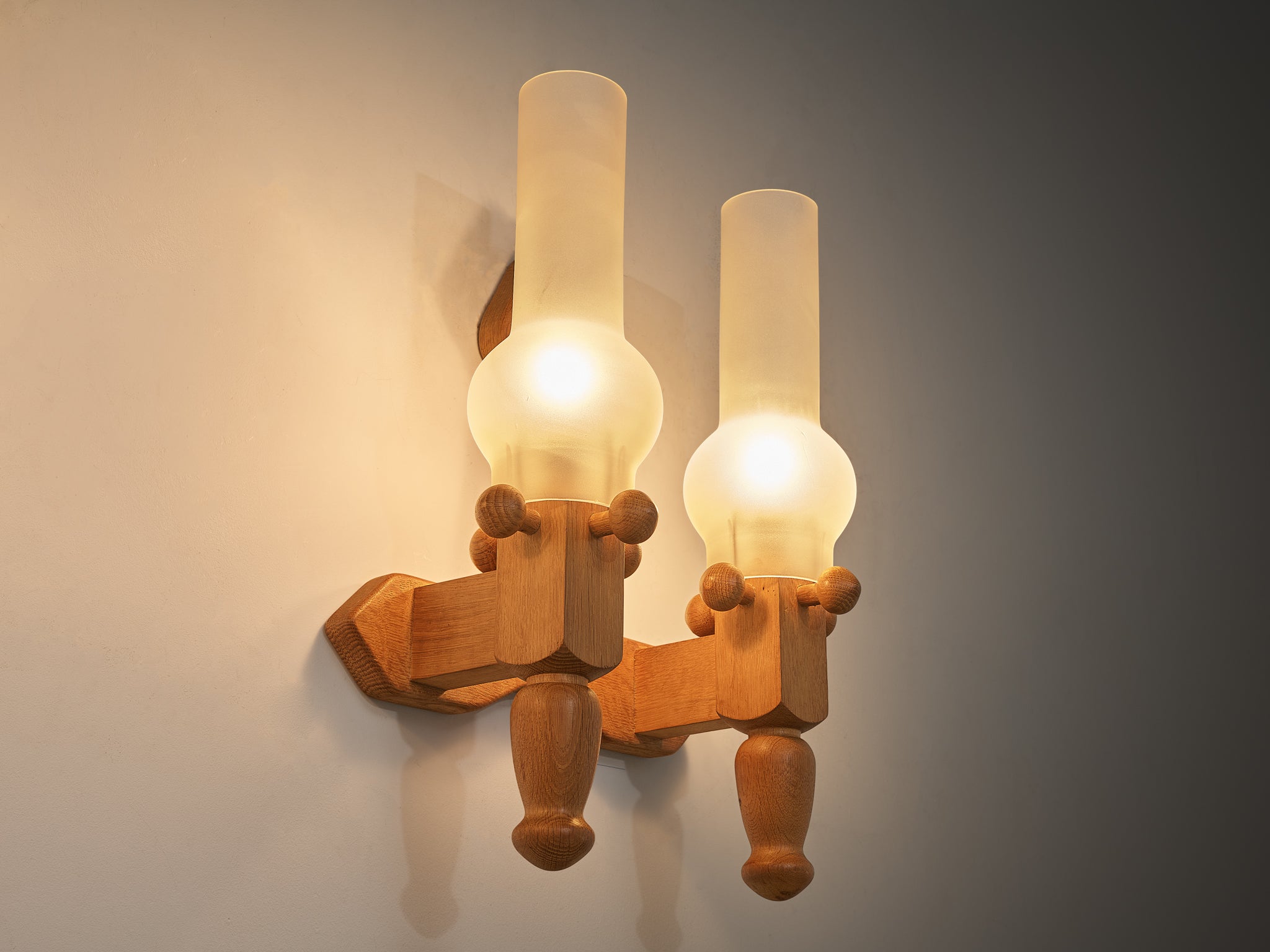 Guillerme & Chambron Pair of Wall Lights in Oak and Glass Lighting Morentz