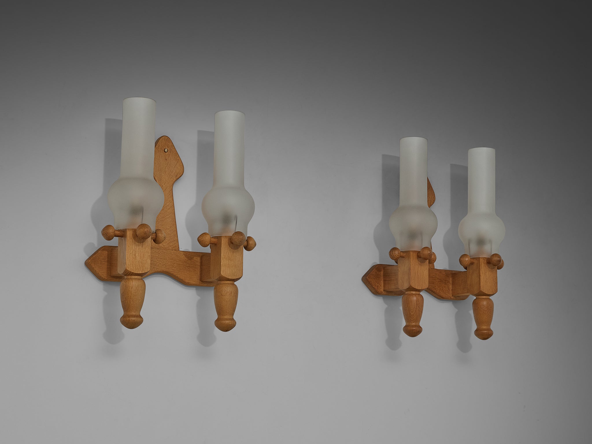 Guillerme & Chambron Pair of Wall Lights in Oak and Glass Lighting Morentz