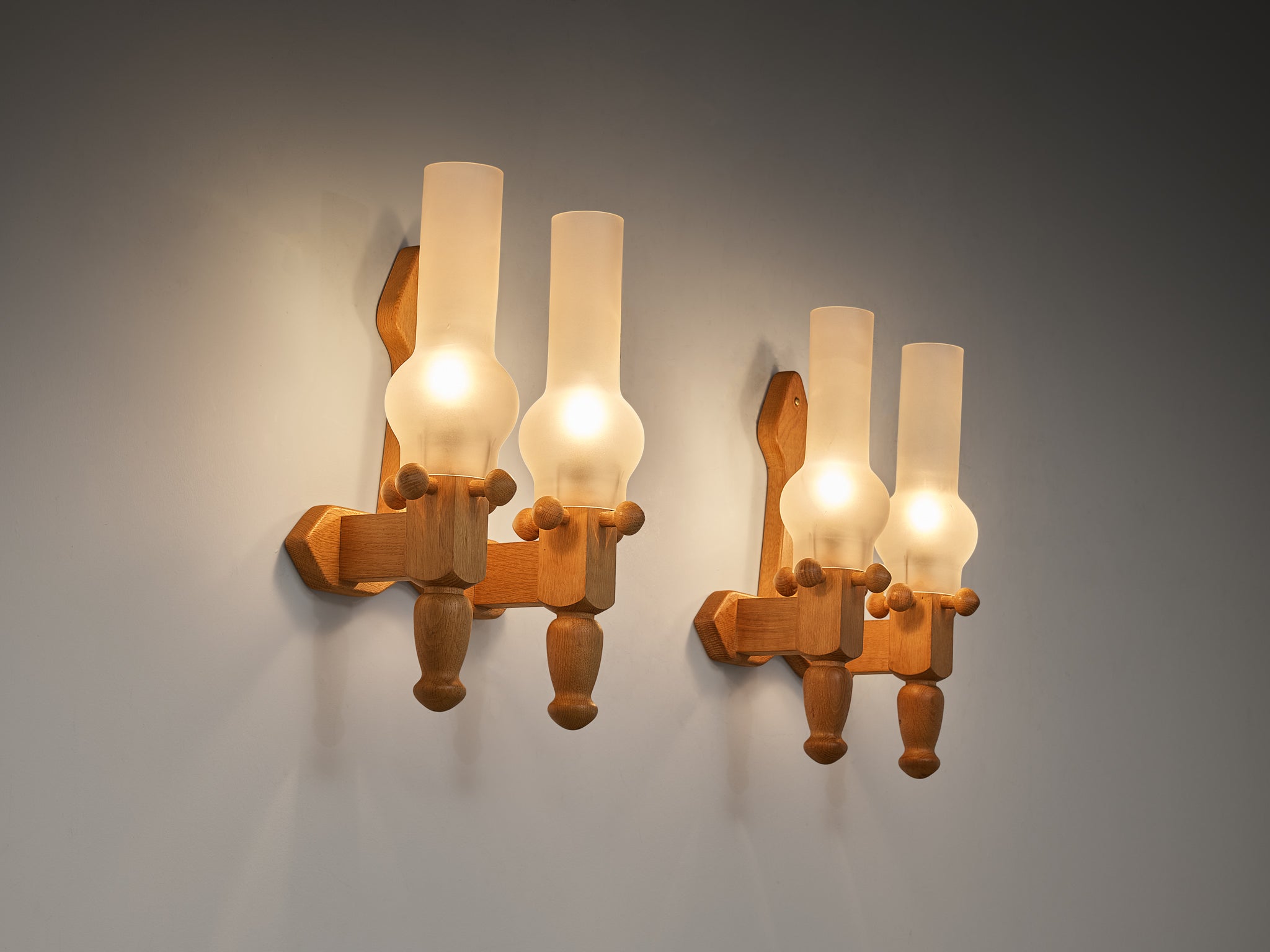Guillerme & Chambron Pair of Wall Lights in Oak and Glass Lighting Morentz