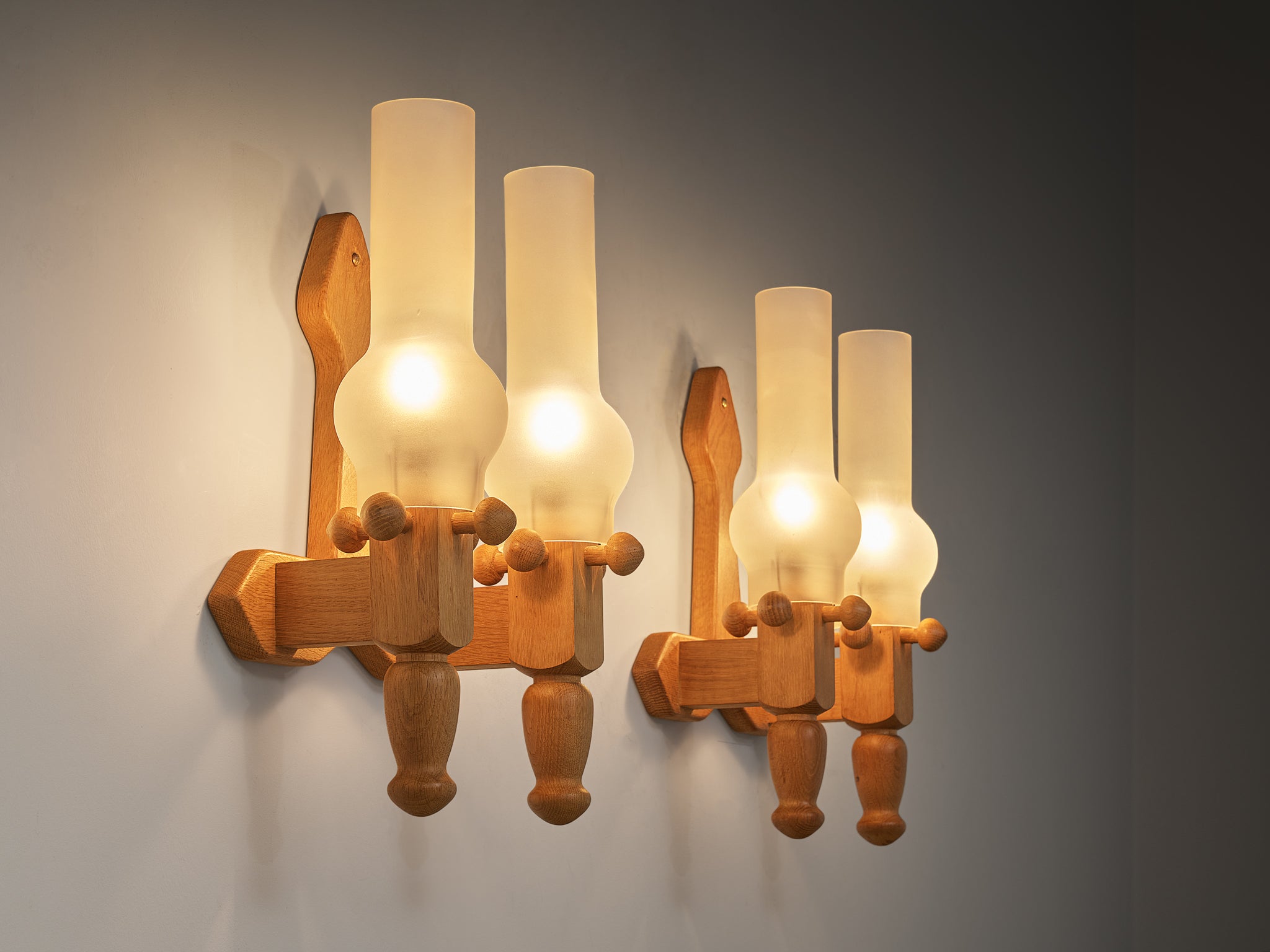 Guillerme & Chambron Pair of Wall Lights in Oak and Glass Lighting Morentz