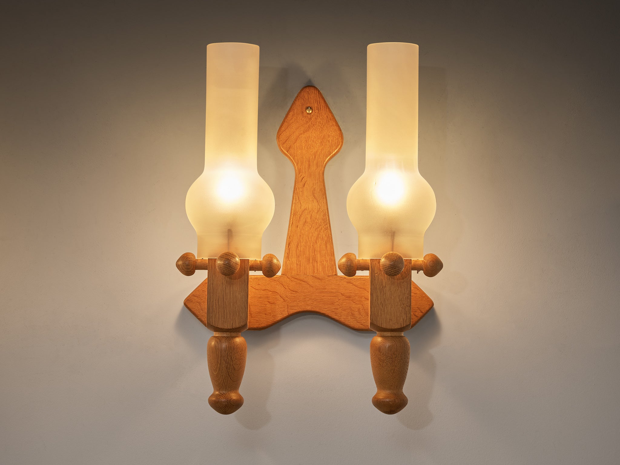 Guillerme & Chambron Pair of Wall Lights in Oak and Glass Lighting Morentz