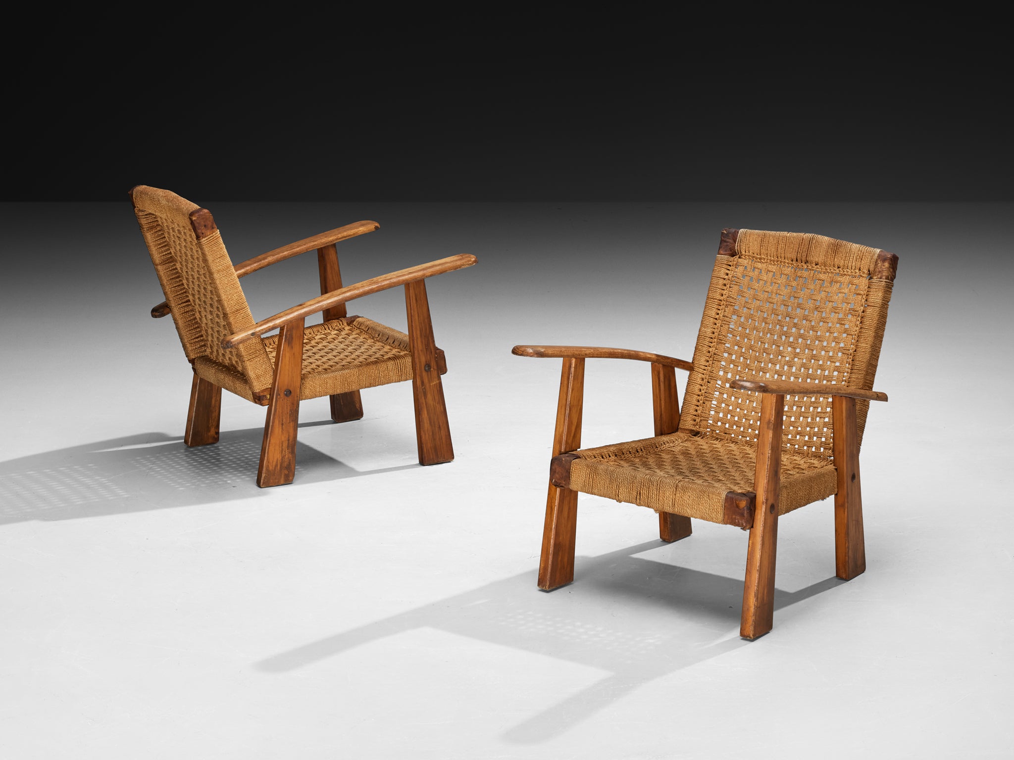 Rustic Pair of French Lounge Chairs in Rush and Wood Seating Morentz