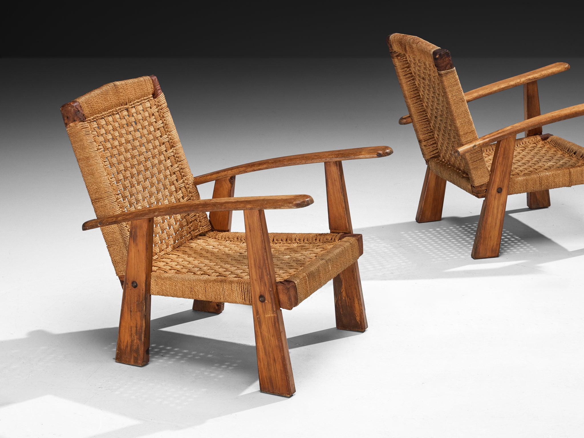 Rustic Pair of French Lounge Chairs in Rush and Wood Seating Morentz
