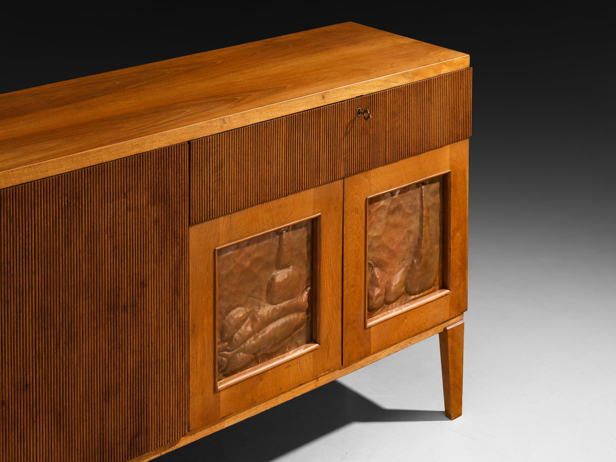 1940s Italian Sideboard in Walnut with Grissinato Carvings and Copper Reliefs Case pieces and storage cabinets Morentz