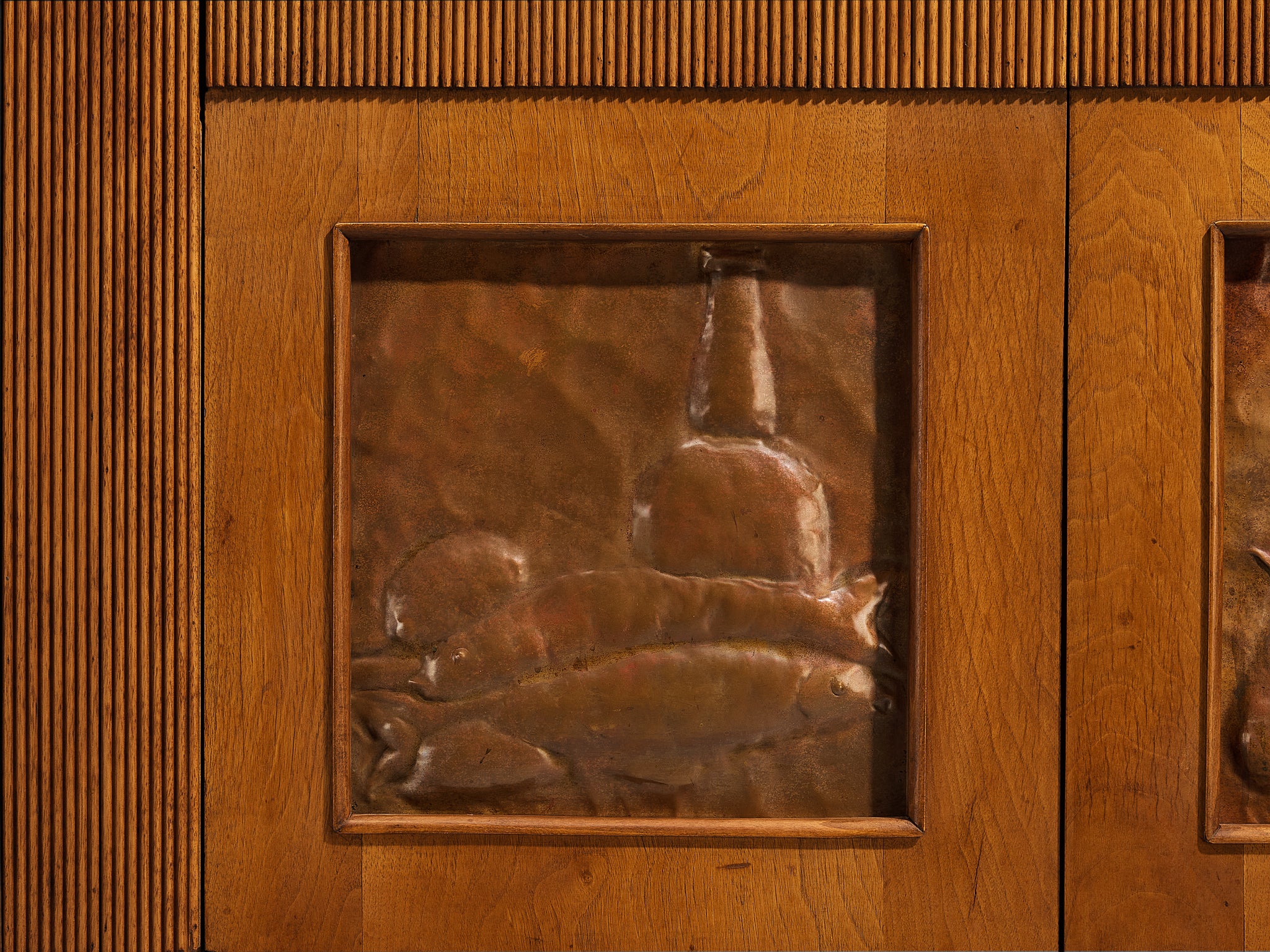 1940s Italian Sideboard in Walnut with Grissinato Carvings and Copper Reliefs Case pieces and storage cabinets Morentz