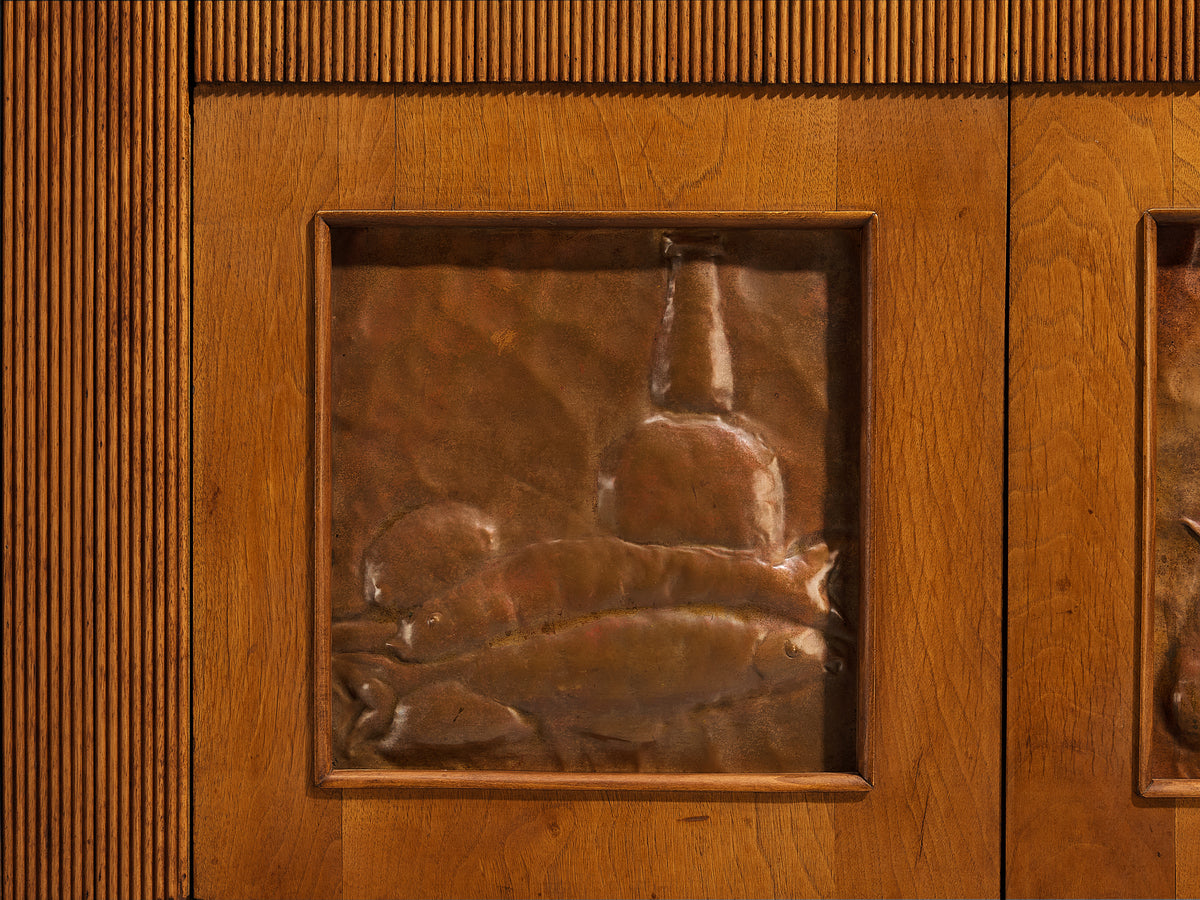 1940s Italian Sideboard in Walnut with Grissinato Carvings and Copper Reliefs