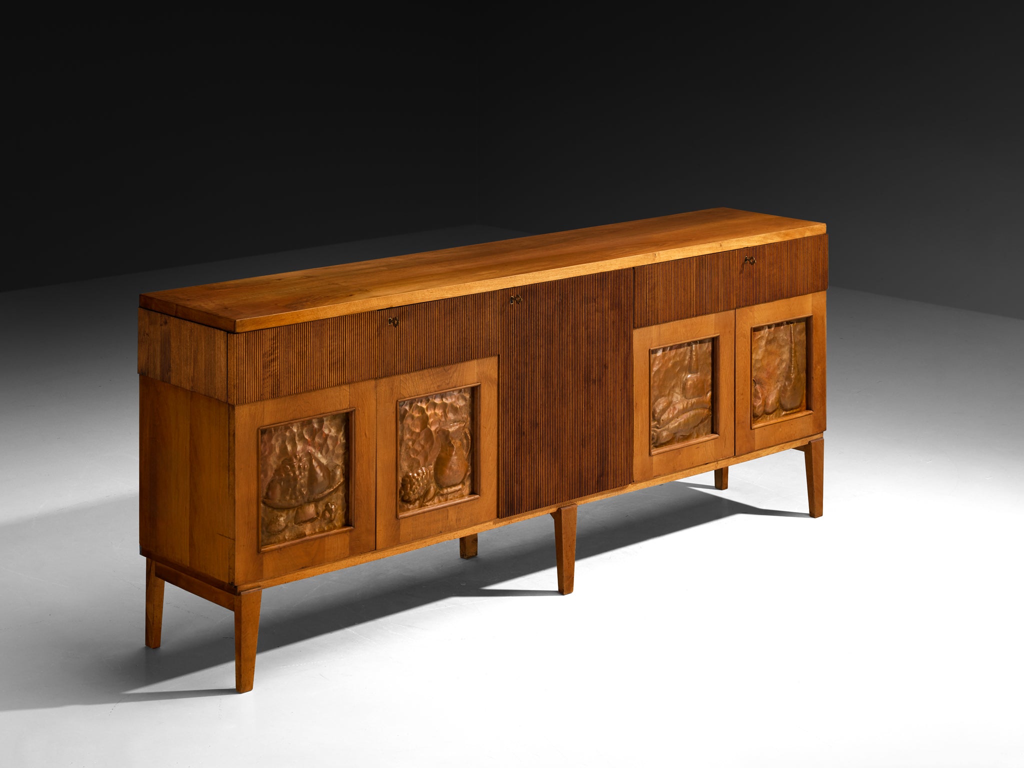 1940s Italian Sideboard in Walnut with Grissinato Carvings and Copper Reliefs Case pieces and storage cabinets Morentz