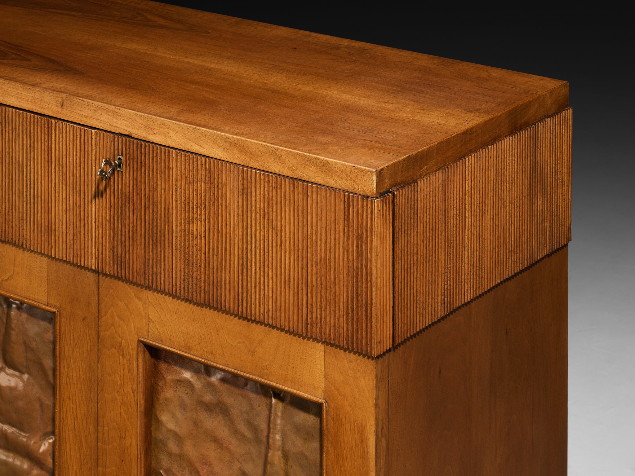 1940s Italian Sideboard in Walnut with Grissinato Carvings and Copper Reliefs Case pieces and storage cabinets Morentz